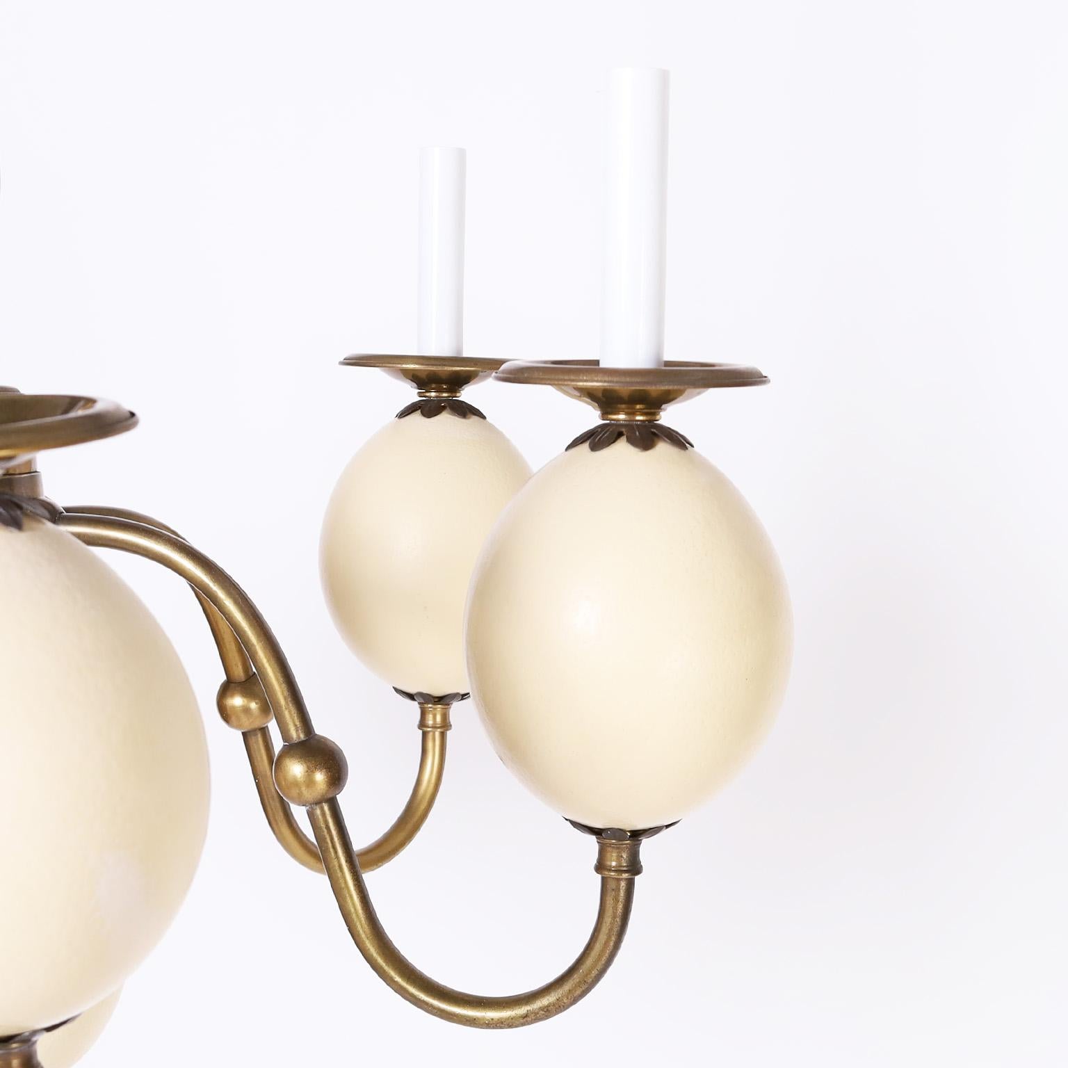 English Brass and Faux Ostrich Egg Chandelier For Sale