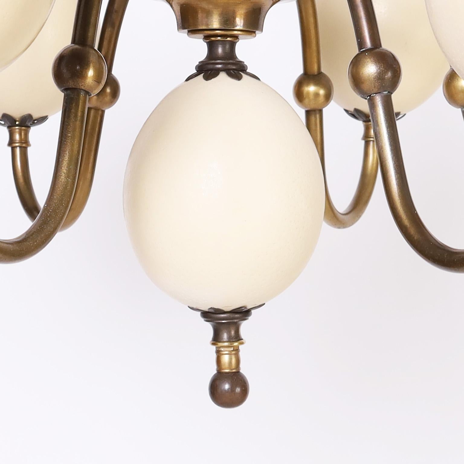 Brass and Faux Ostrich Egg Chandelier In Good Condition For Sale In Palm Beach, FL
