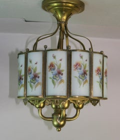 Brass and Floral Painted Curved Glass Four Light Ceiling Fixture 1940's