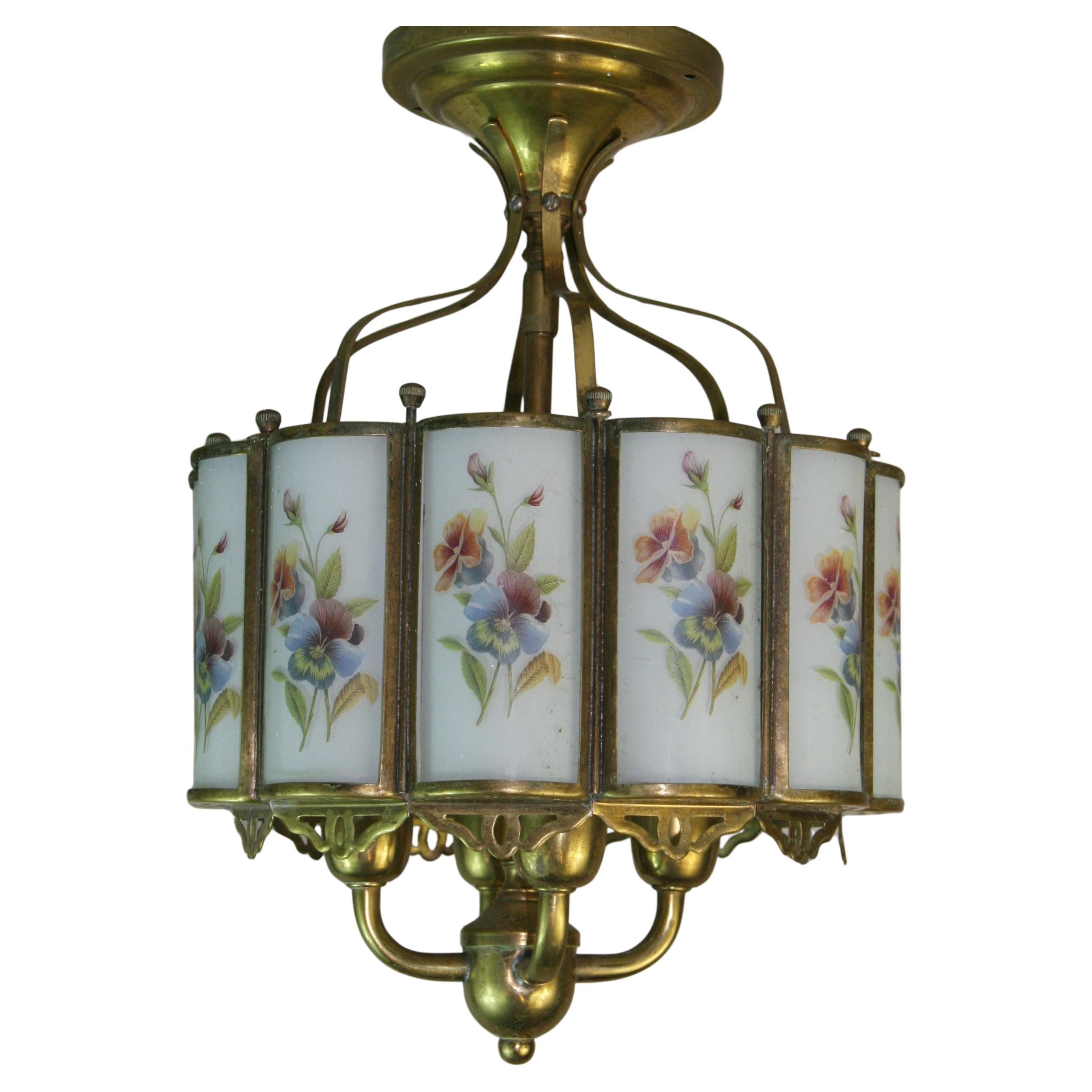Brass and Floral Painted Curved Glass Four Light Ceiling Fixture 1940's