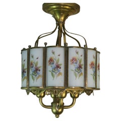 Brass and Floral Painted Curved Glass Four Light Ceiling Fixture 1940's