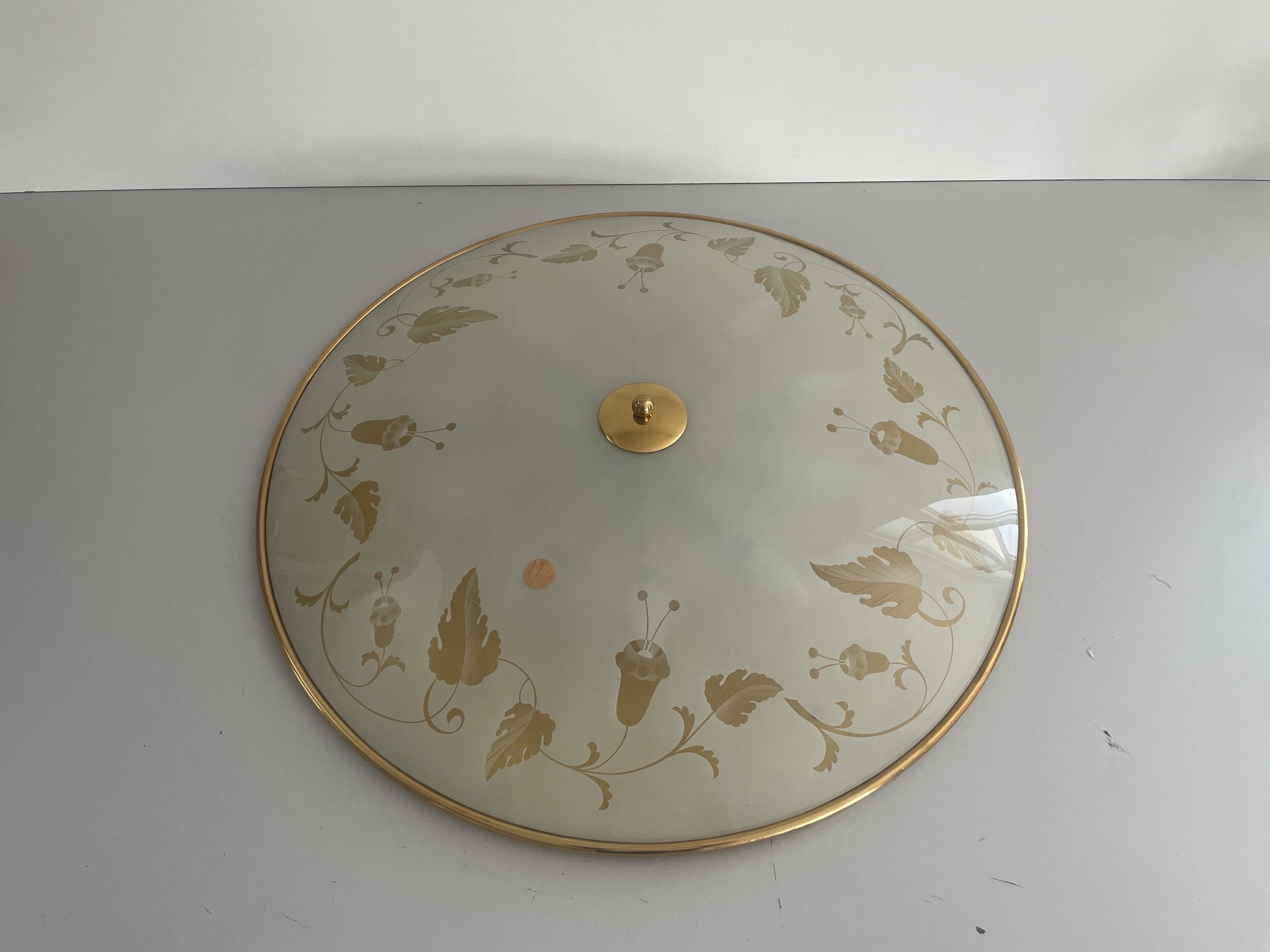 Laiton du milieu du siècle et verre imprimé de motifs floraux XXL Cinema Flush Mount Light par Brevettato, 1960s, Italie

L'abat-jour est en très bon état vintage.

Cette lampe fonctionne avec 10 ampoules E14. 
Câblé et adapté à une utilisation avec