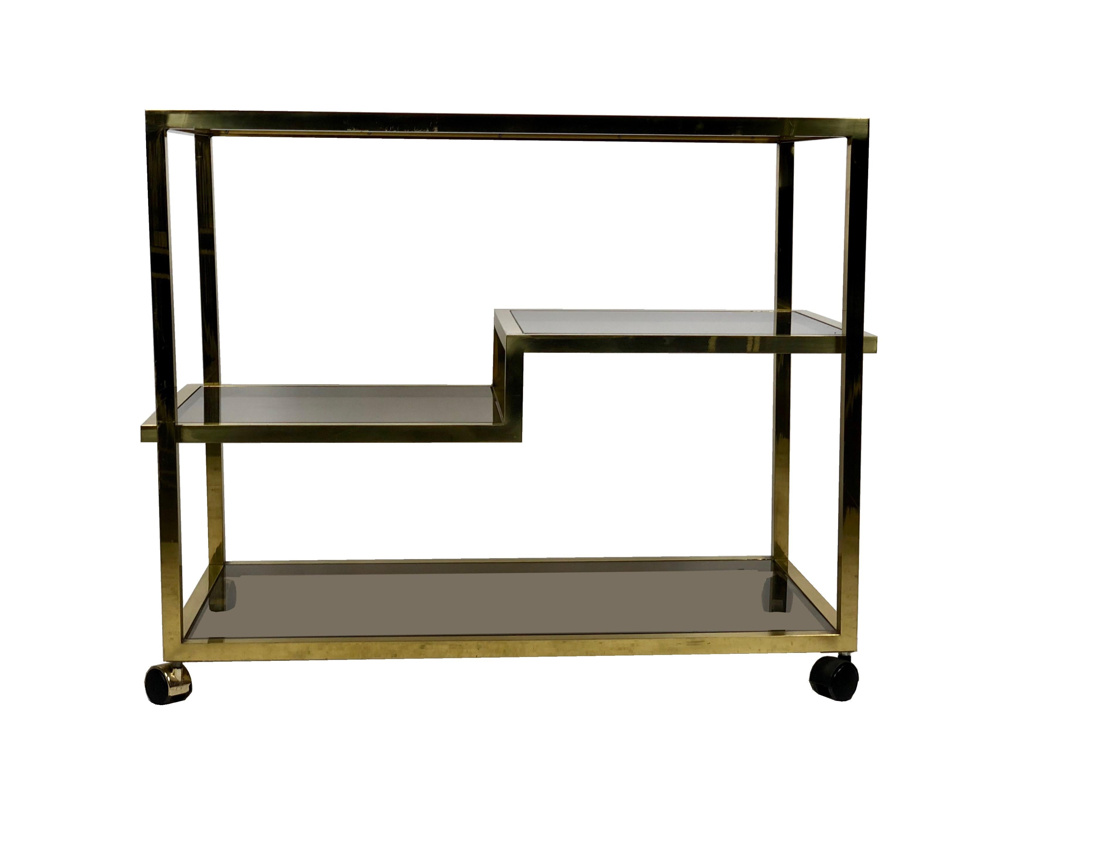 Mid-Century Modern Brass and Four Tiers Smoked Glass Serving Bar Cart, Italy, 1960s Romeo Rega