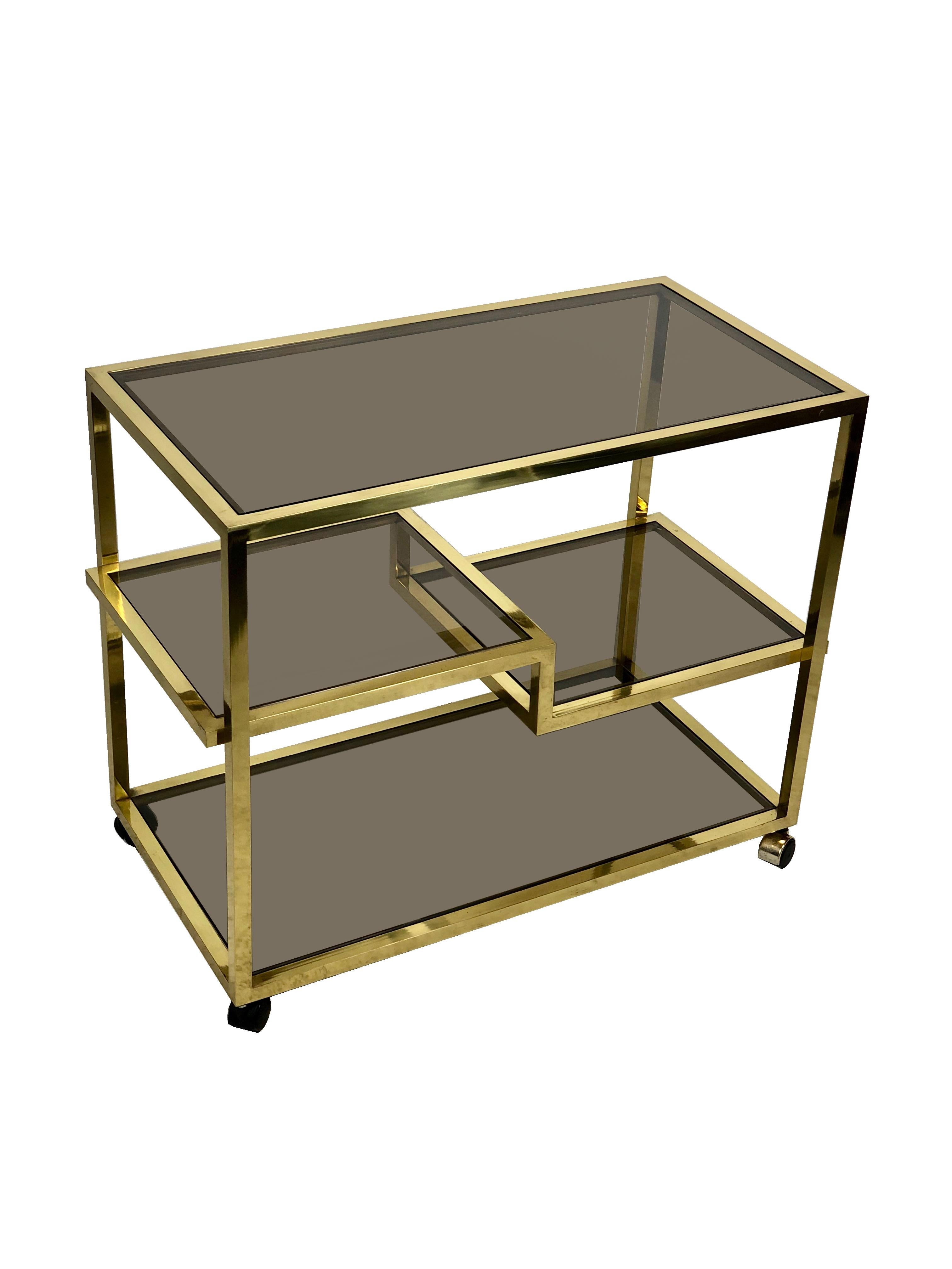 Italian Brass and Four Tiers Smoked Glass Serving Bar Cart, Italy, 1960s Romeo Rega