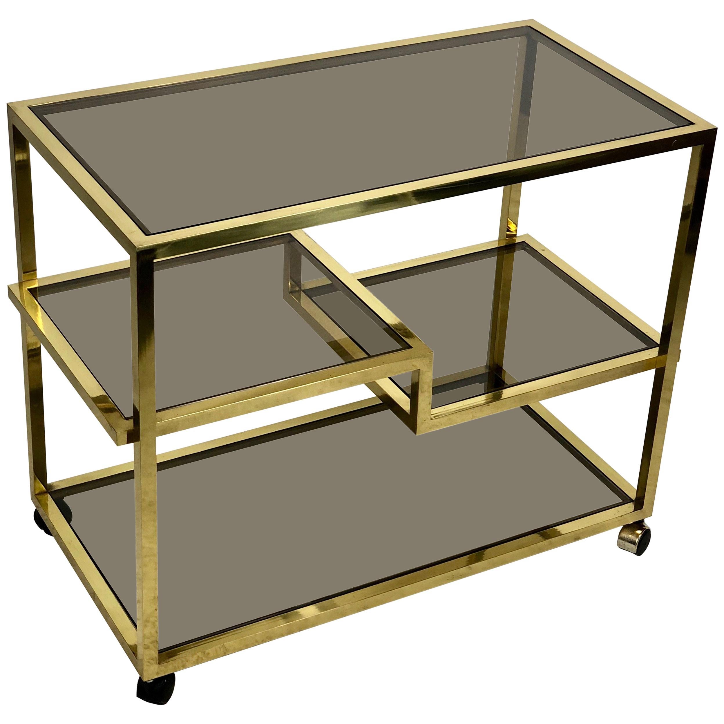 Brass and Four Tiers Smoked Glass Serving Bar Cart, Italy, 1960s Romeo Rega