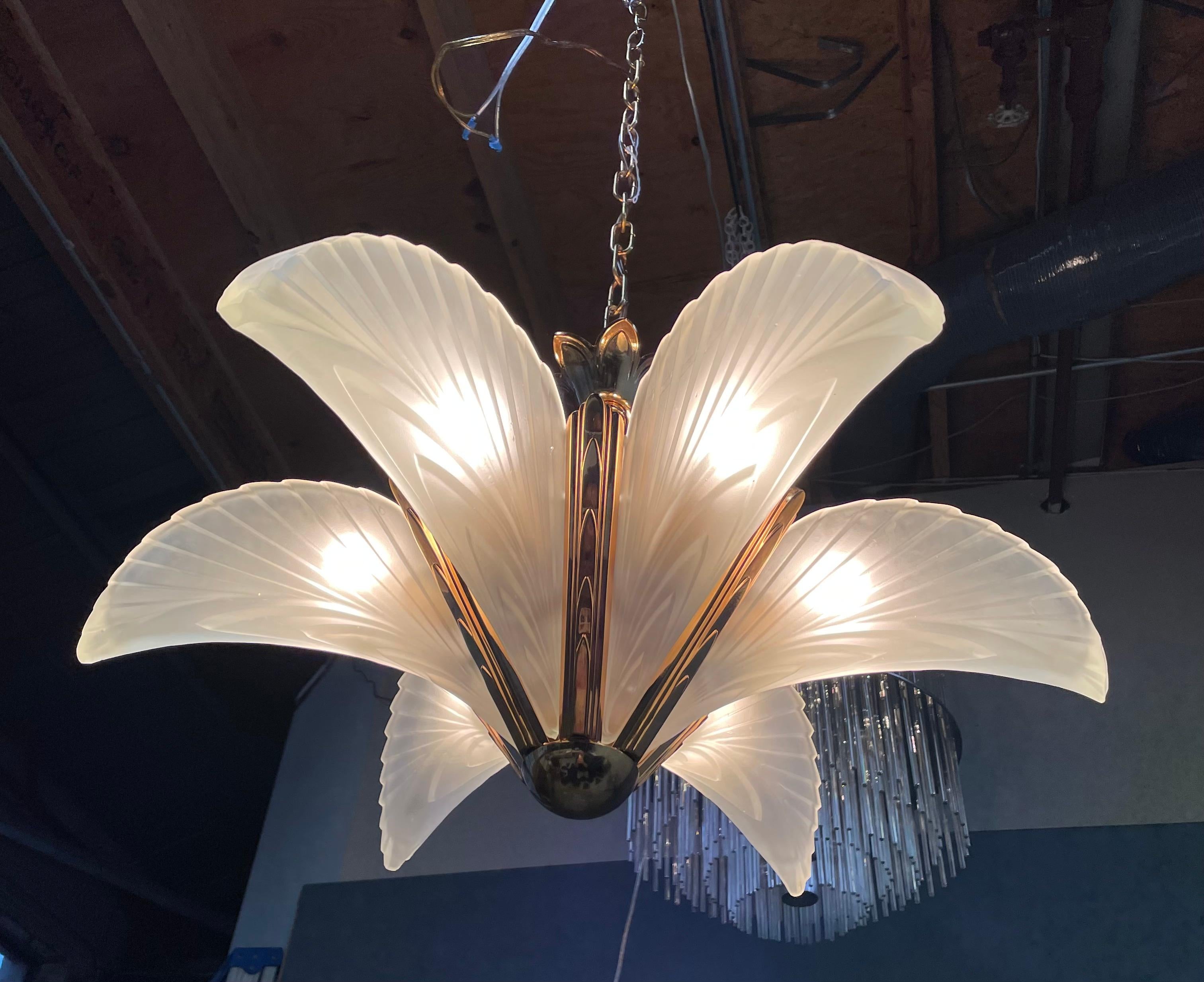 20th Century Brass and Frosted Glass Hollywood Regency Art Deco Slip Shade Chandelier