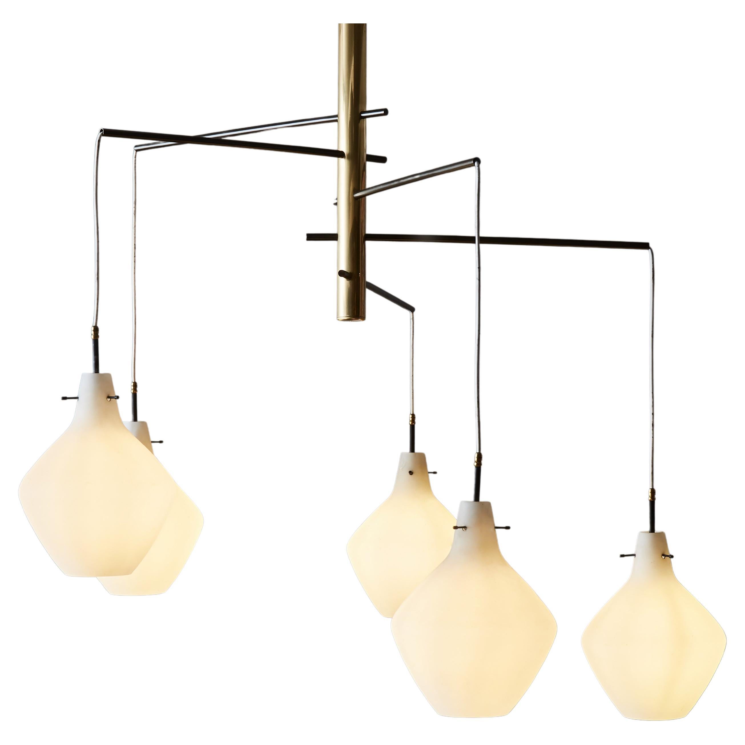 Brass and Frosted Glass Lanterns Chandeliers For Sale