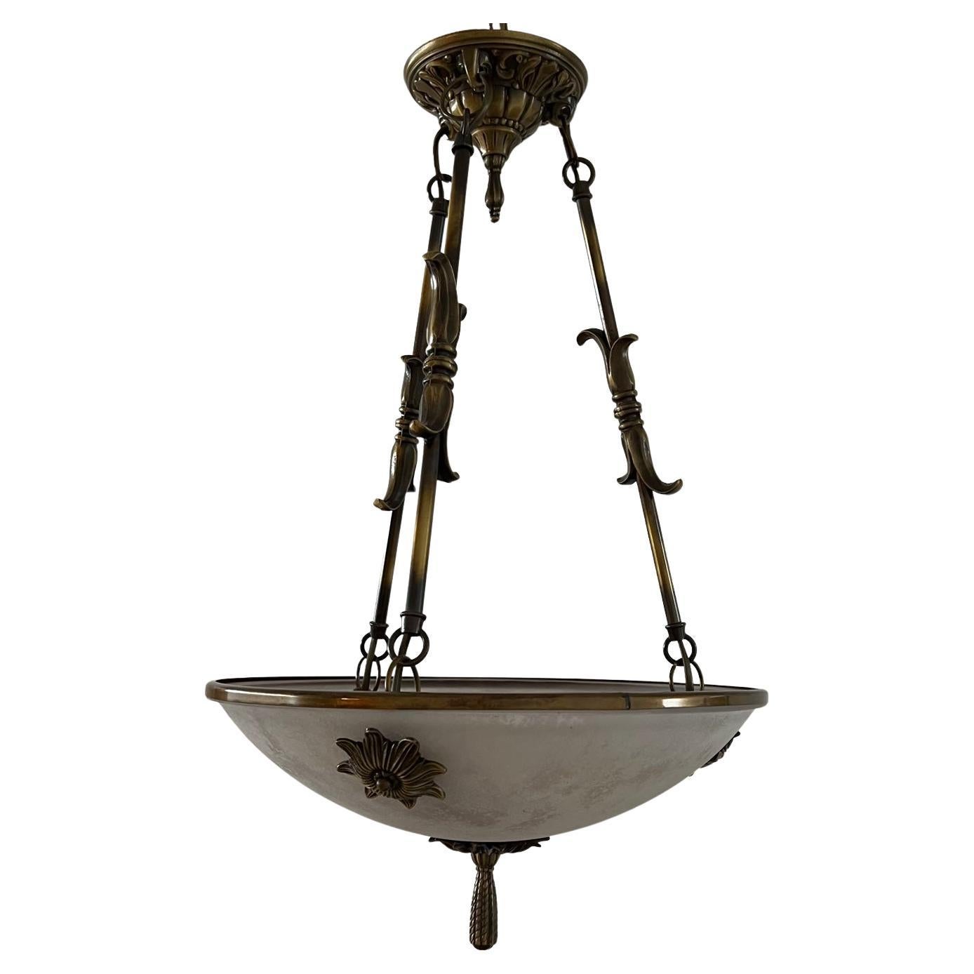 Brass and Frosted Glass Mid-Century Swedish Plafonnier Light For Sale