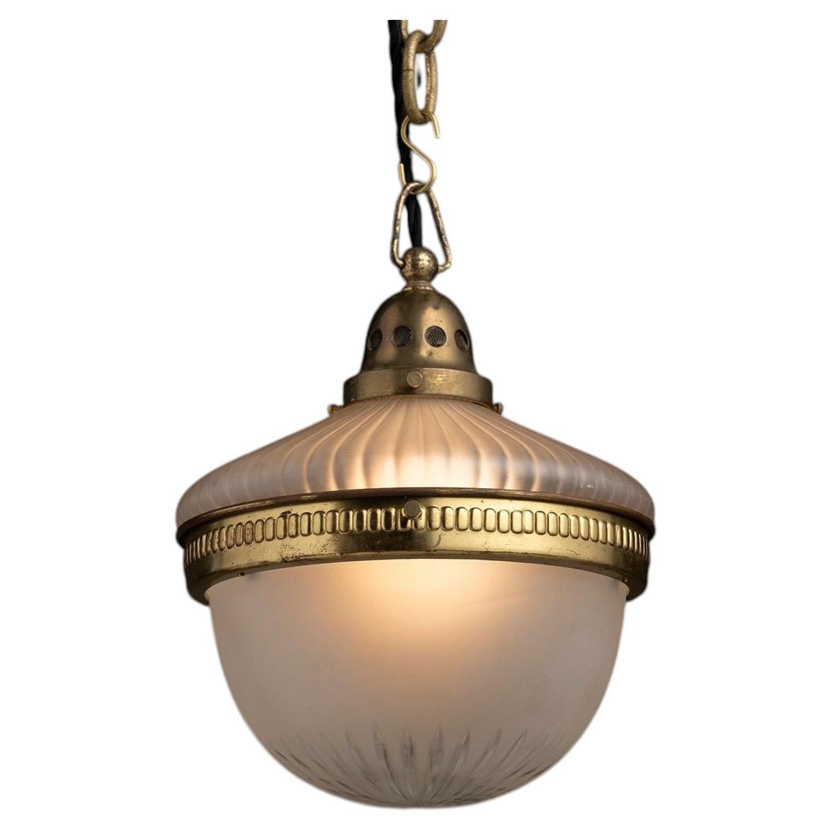Brass and Frosted Glass Pendant, England circa 1920 For Sale