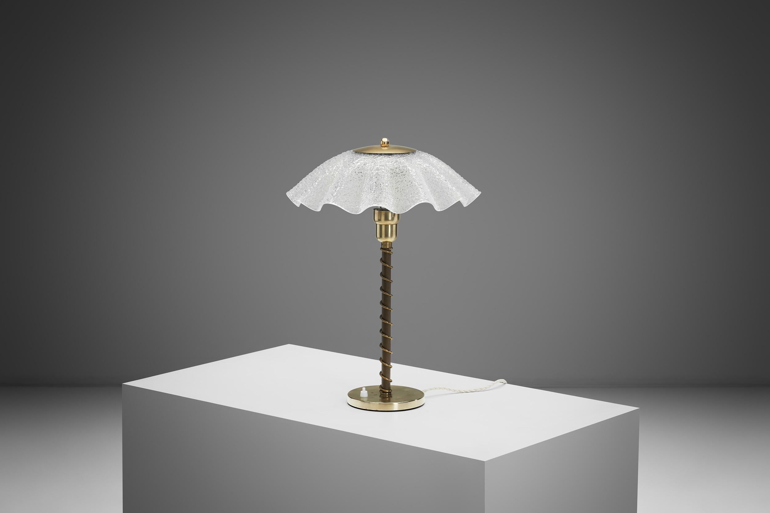 Scandinavian Modern Brass and Frosted Glass Table Lamp, Denmark ca 1940s For Sale