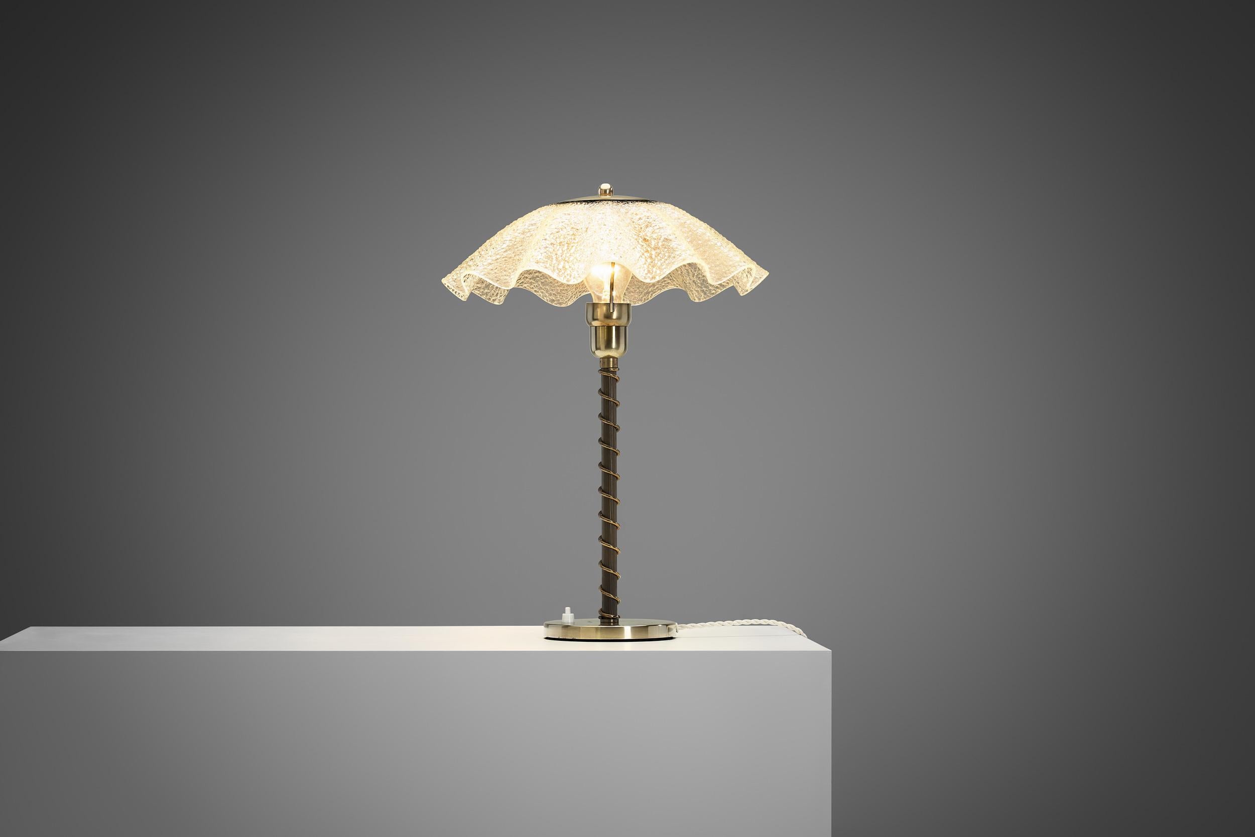 Danish Brass and Frosted Glass Table Lamp, Denmark ca 1940s For Sale