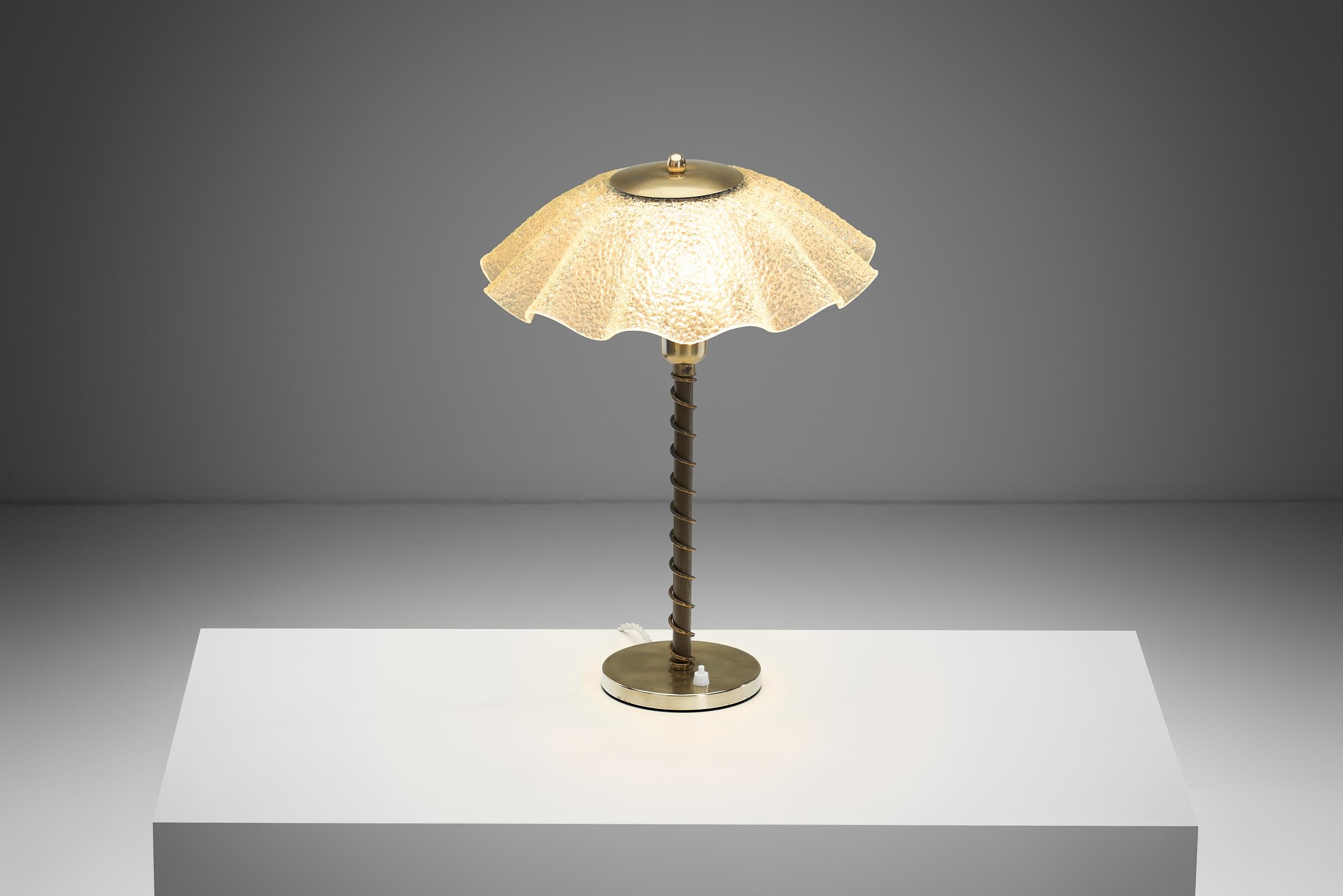 Brass and Frosted Glass Table Lamp, Denmark ca 1940s For Sale 2