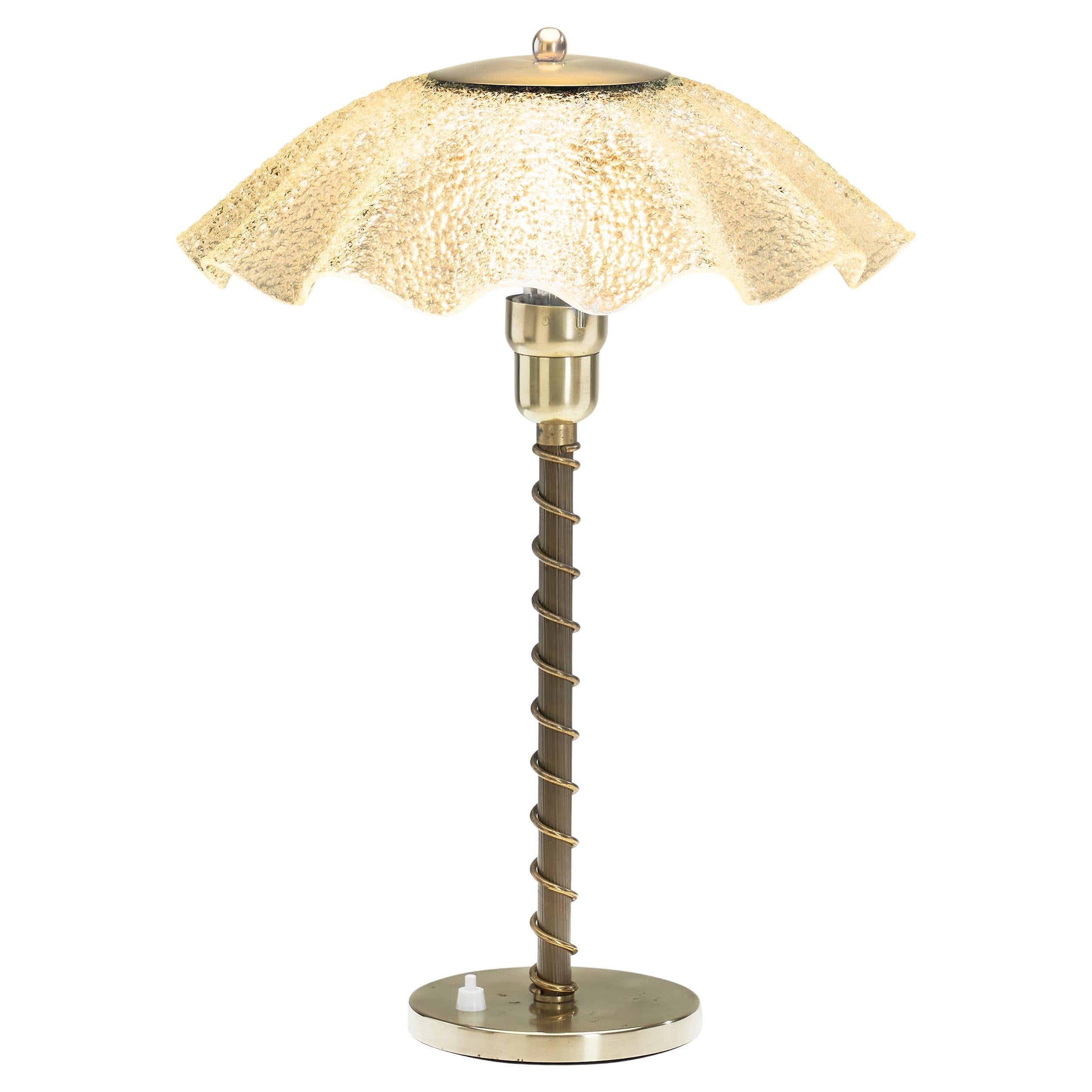 Brass and Frosted Glass Table Lamp, Denmark ca 1940s For Sale