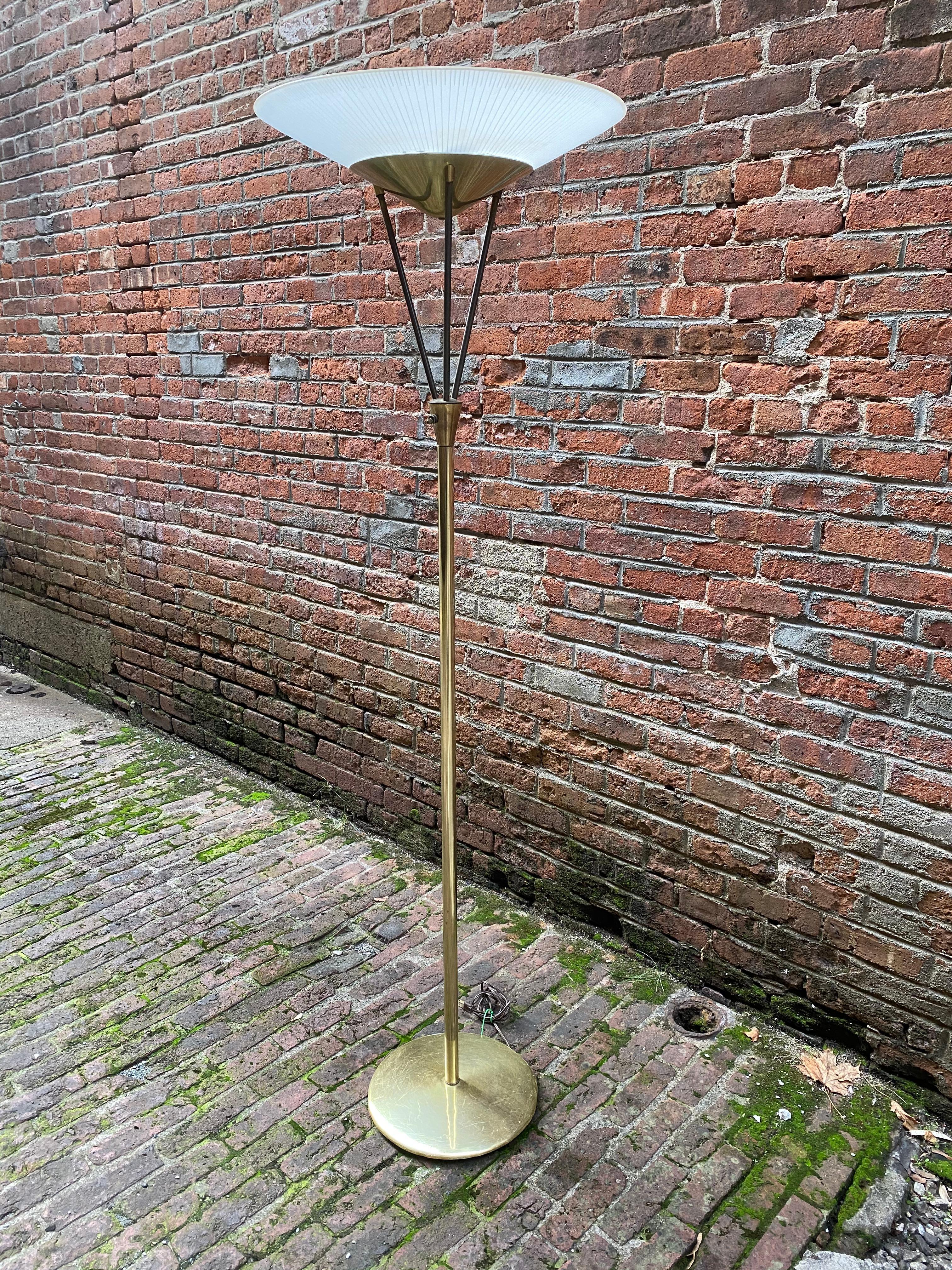 Mid-Century Modern Brass and Frosted Glass Torchère Floor Lamp