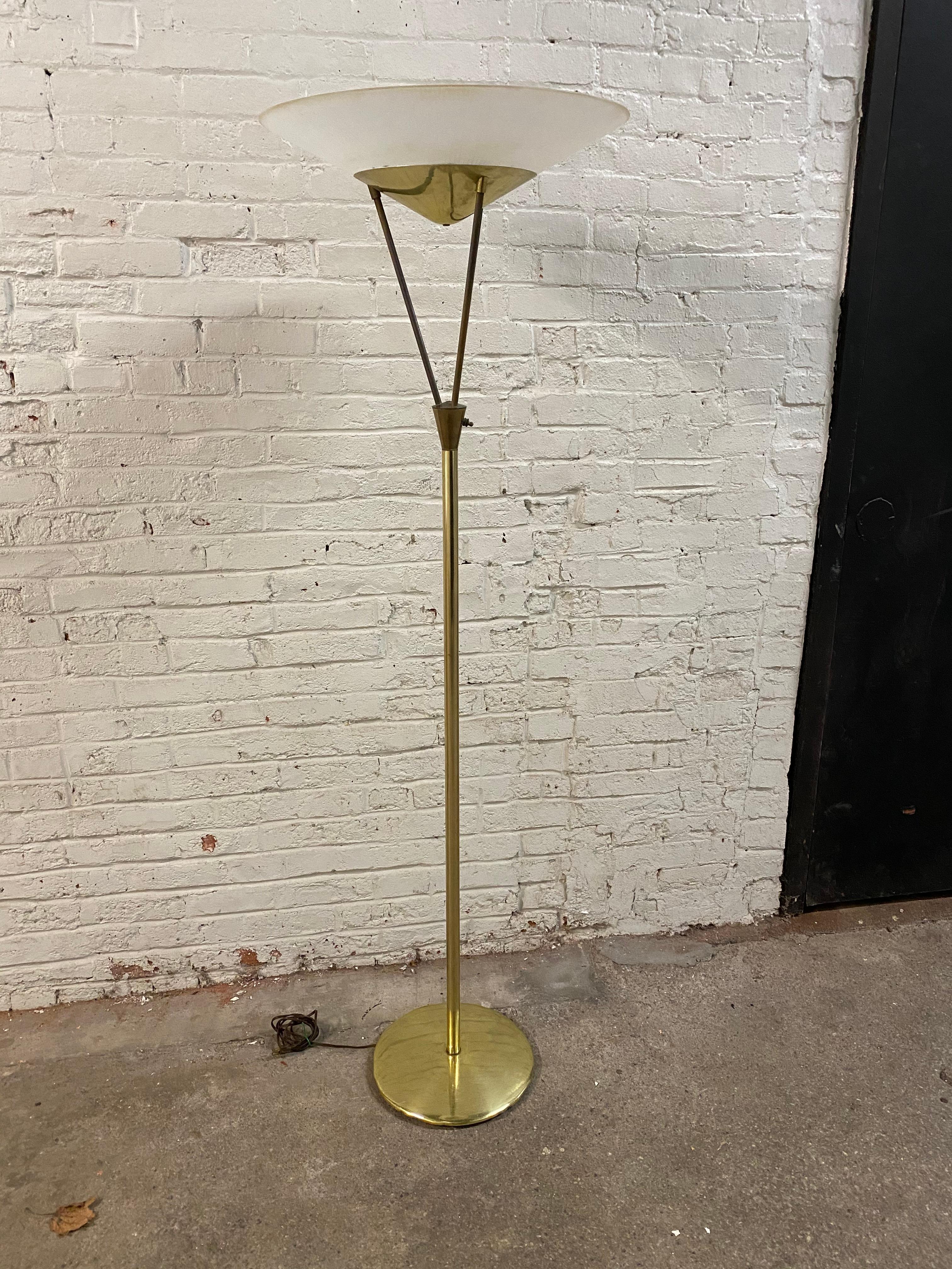 American Brass and Frosted Glass Torchère Floor Lamp