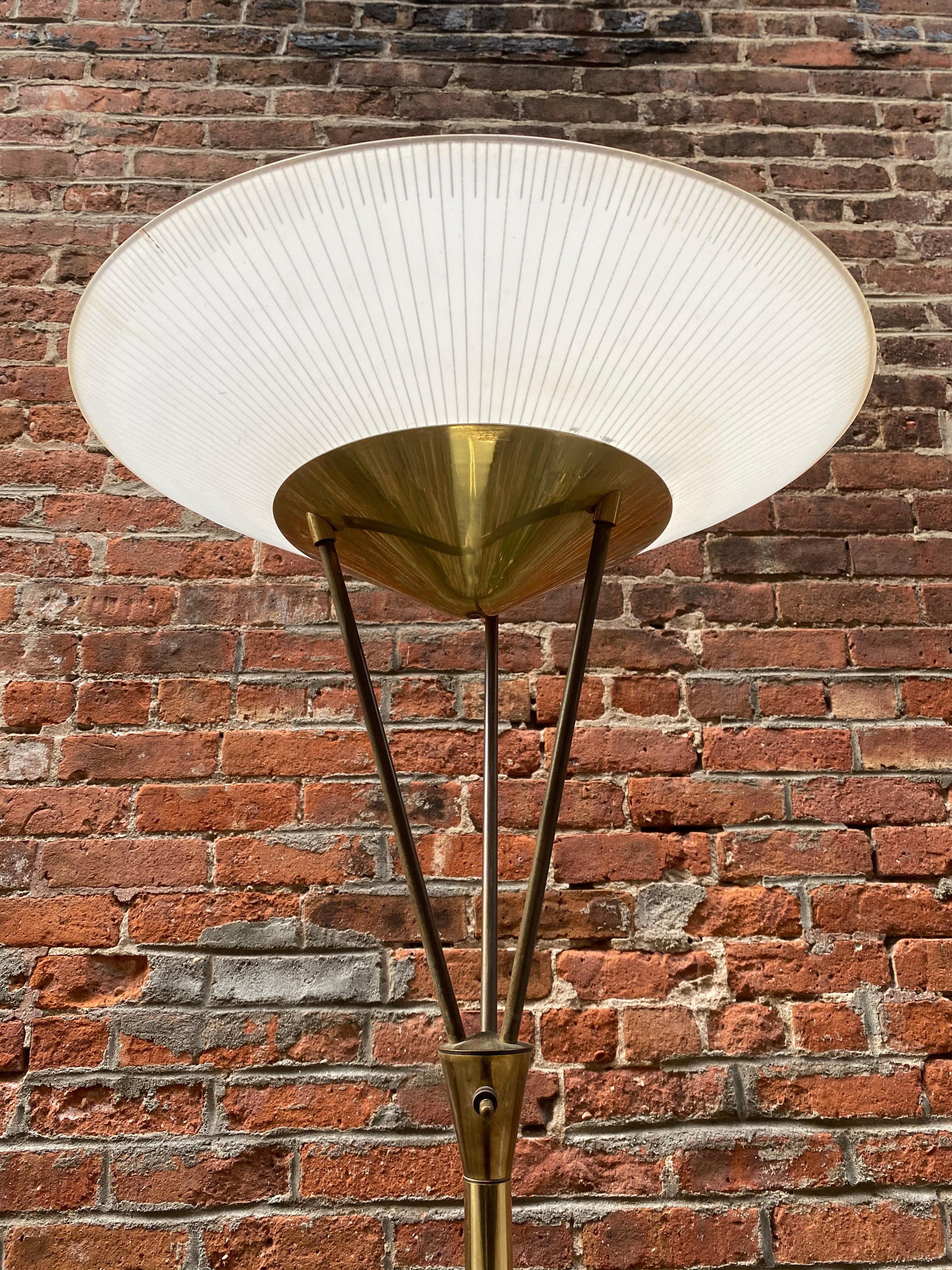 Brass and Frosted Glass Torchère Floor Lamp In Fair Condition In Garnerville, NY