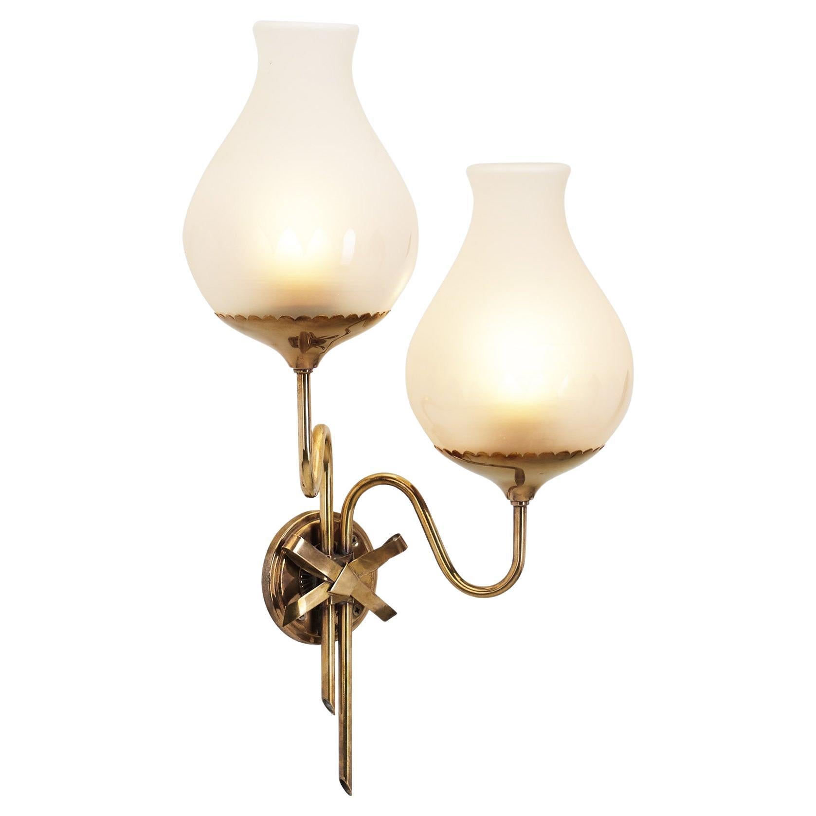 Brass and Frosted Glass Wall Lamp with Bow Detail, Europe Early 20th Century