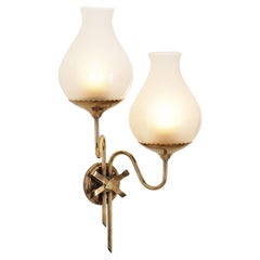 Antique Brass and Frosted Glass Wall Lamp with Bow Detail, Europe Early 20th Century