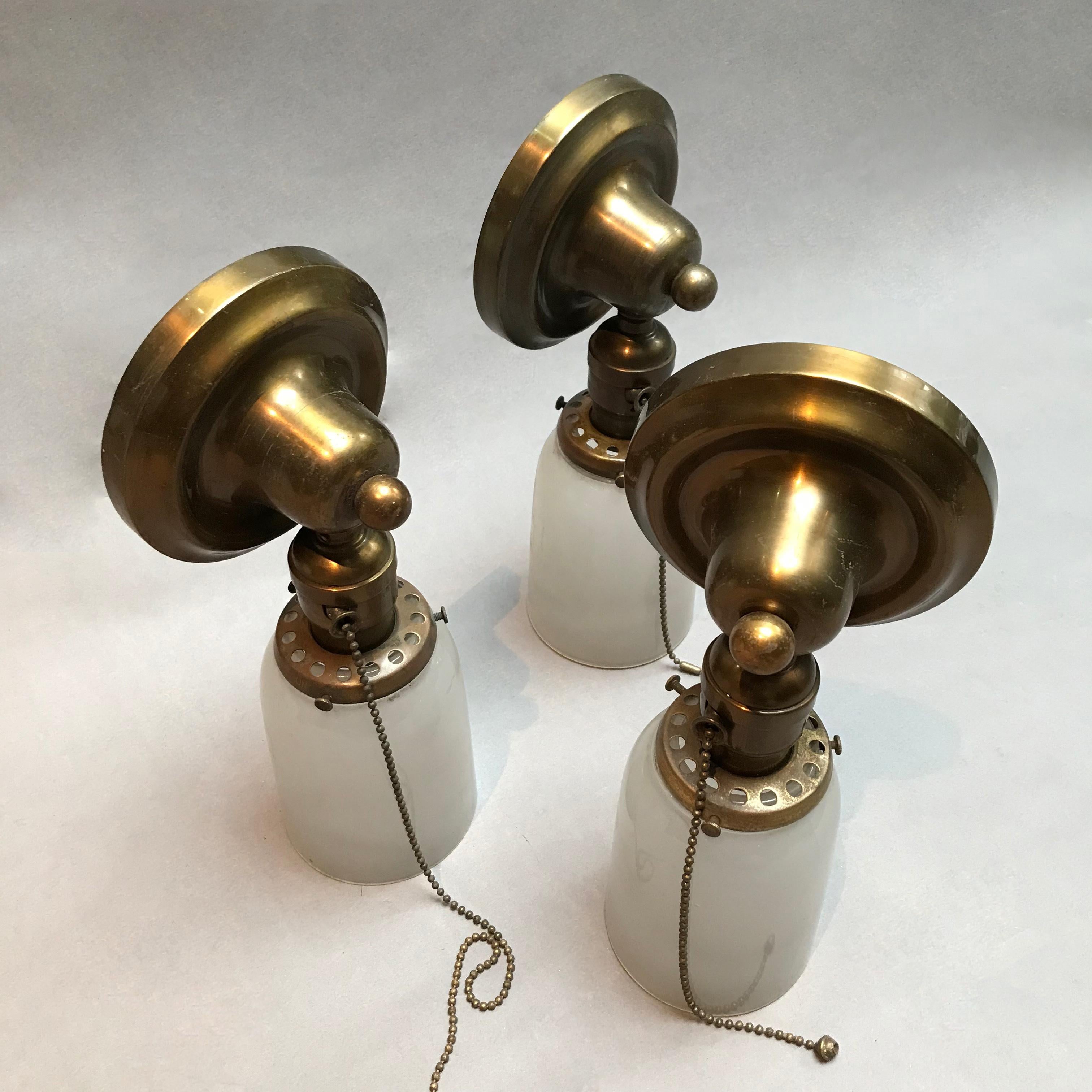 20th Century Brass and Frosted Glass Wall Sconce Lights
