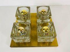 Brass and Frosted Ice Glass Cube Flush Mount by Peill & Putzler, 1970s