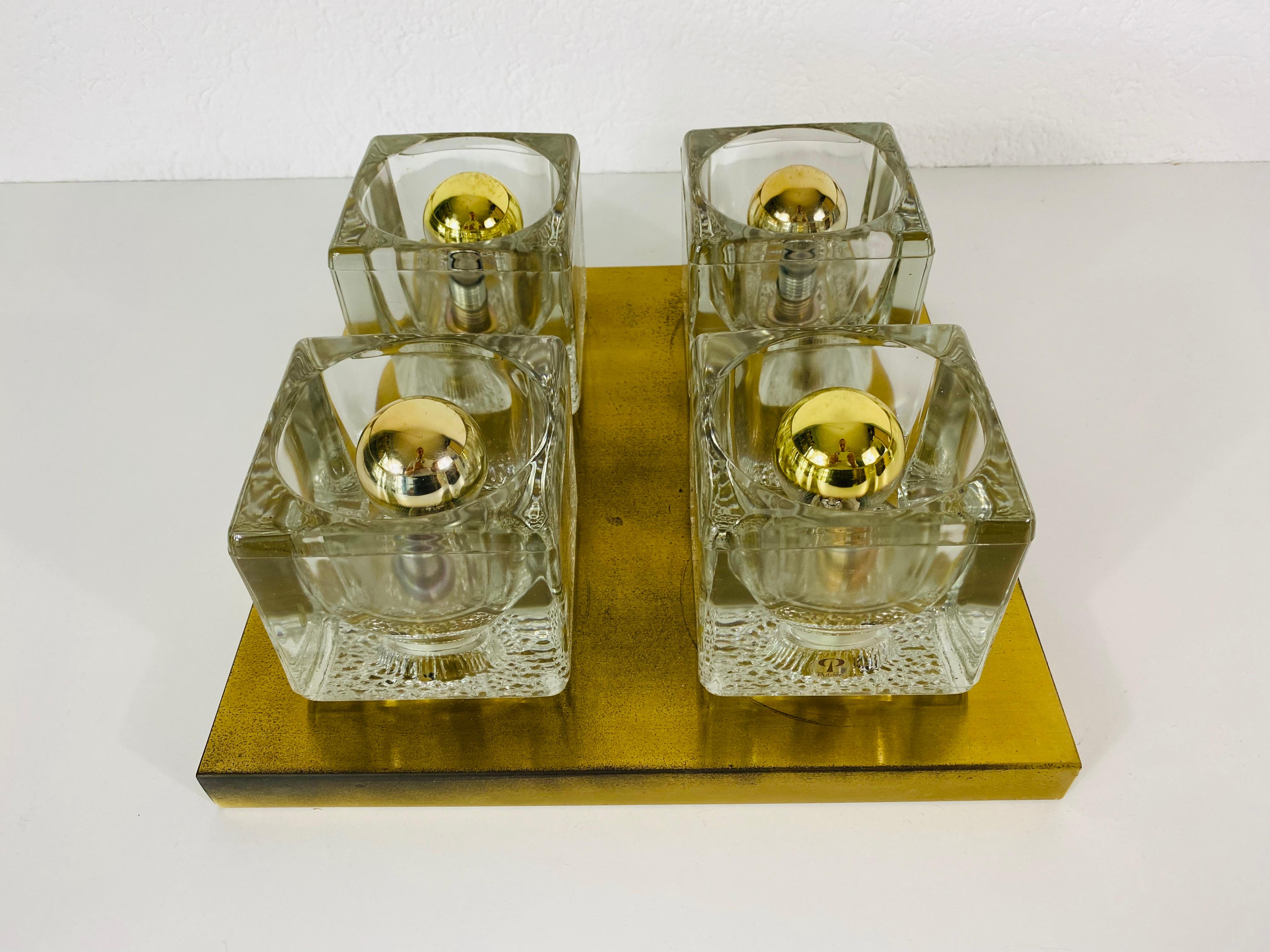Mid-Century Modern Brass and Frosted Ice Glass Cube Flush Mount by Peill & Putzler, 1970s For Sale