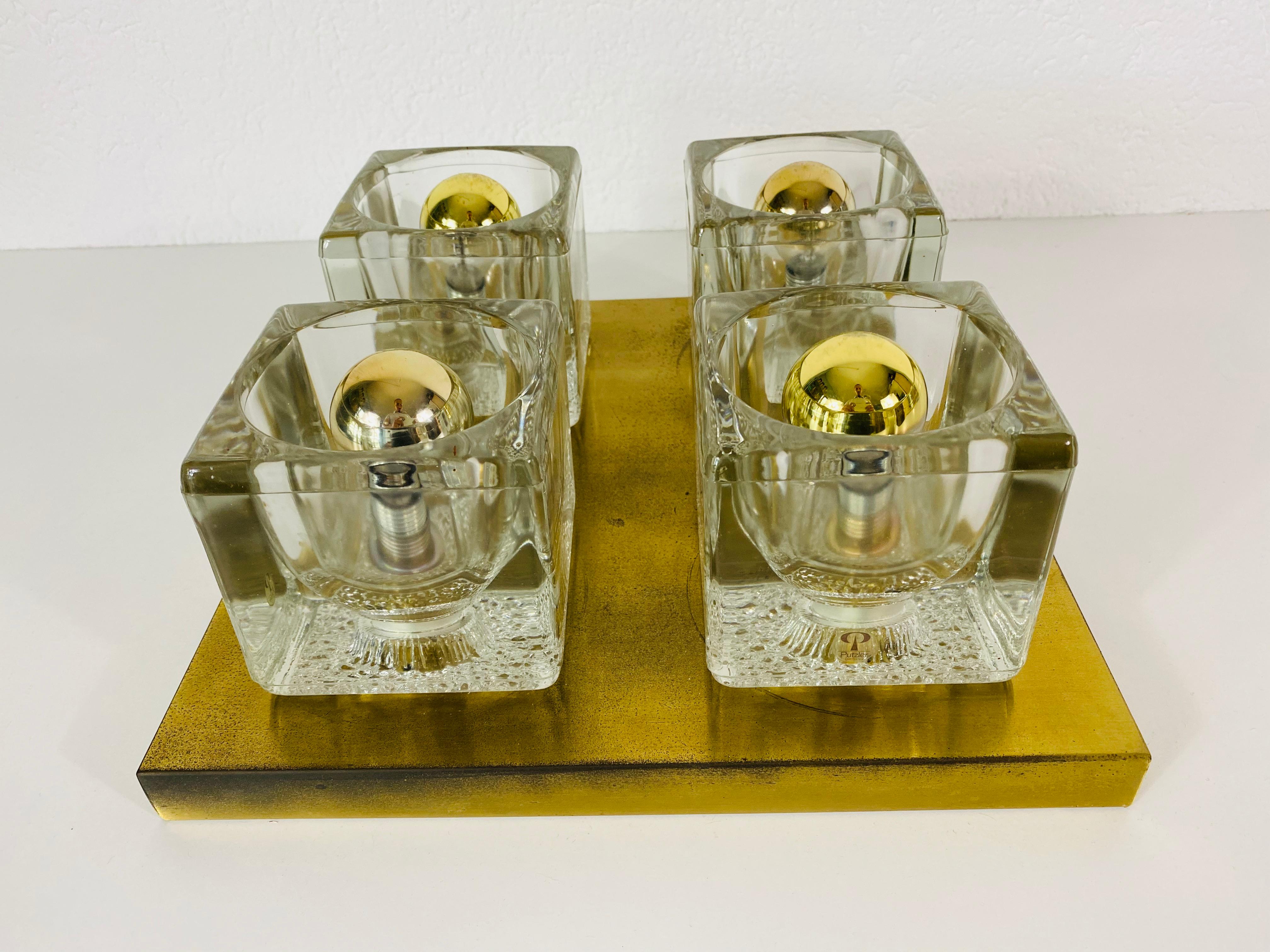 German Brass and Frosted Ice Glass Cube Flush Mount by Peill & Putzler, 1970s For Sale