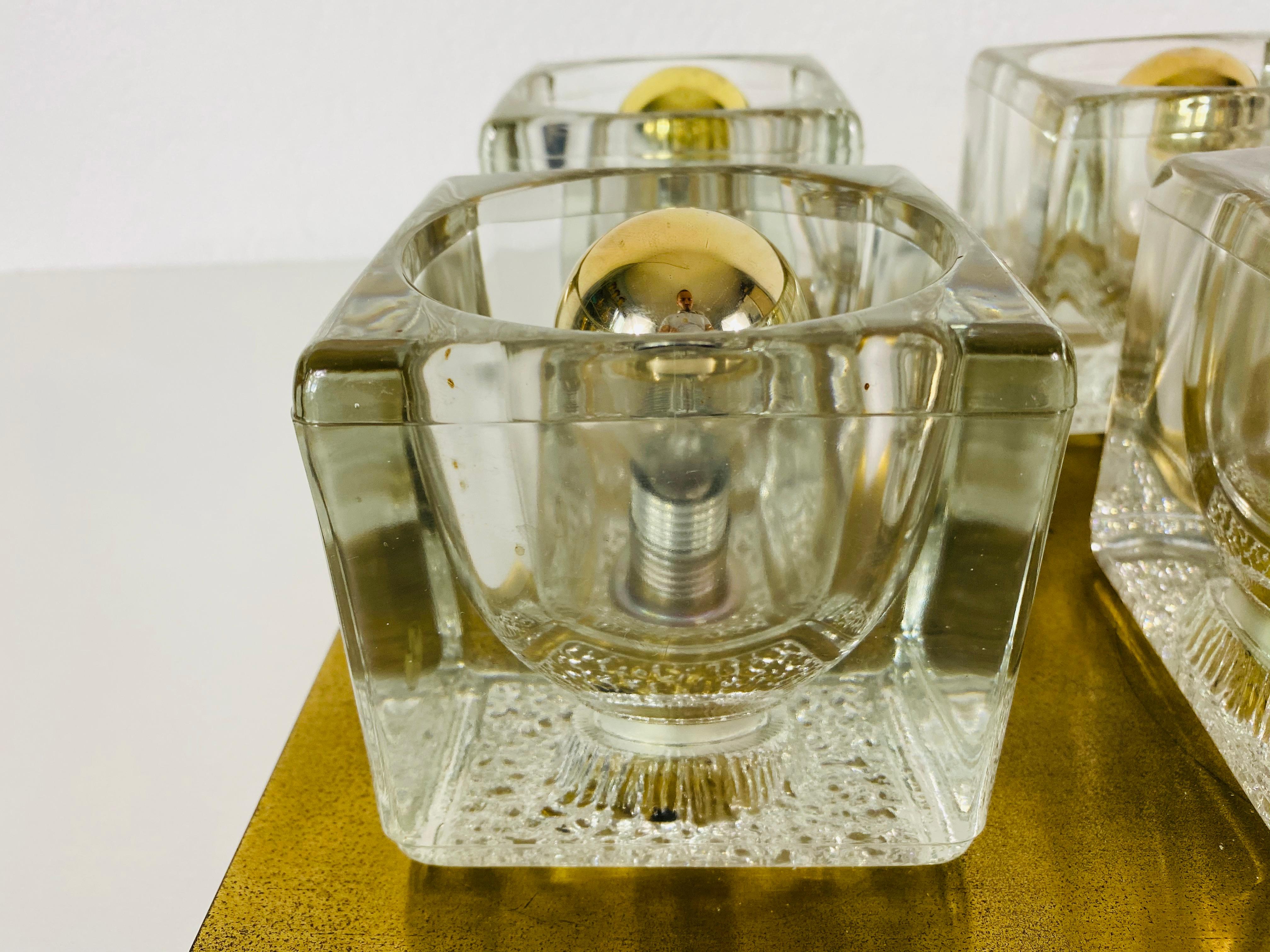 Late 20th Century Brass and Frosted Ice Glass Cube Flush Mount by Peill & Putzler, 1970s For Sale
