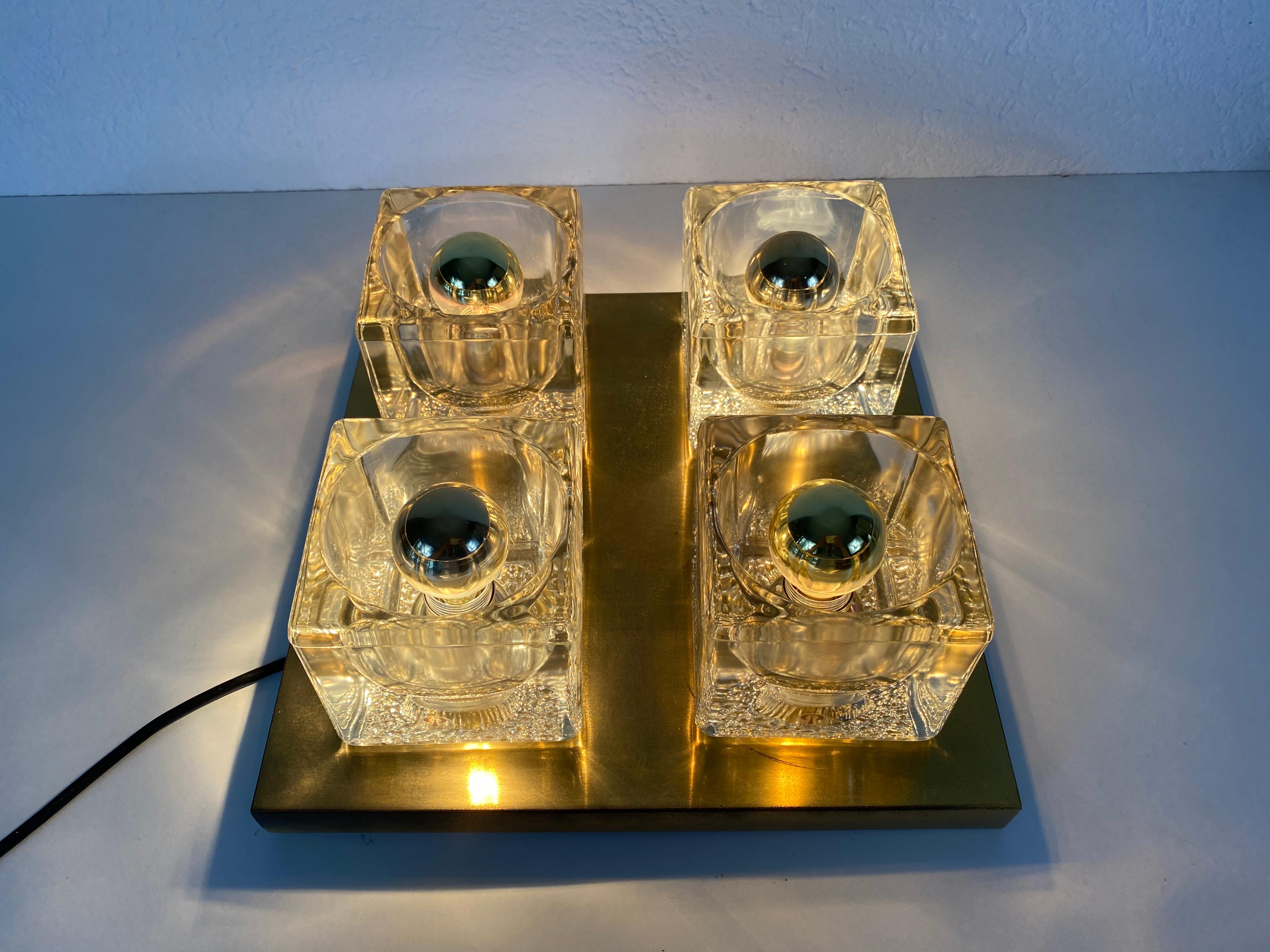 Brass and Frosted Ice Glass Cube Flush Mount by Peill & Putzler, 1970s For Sale 2