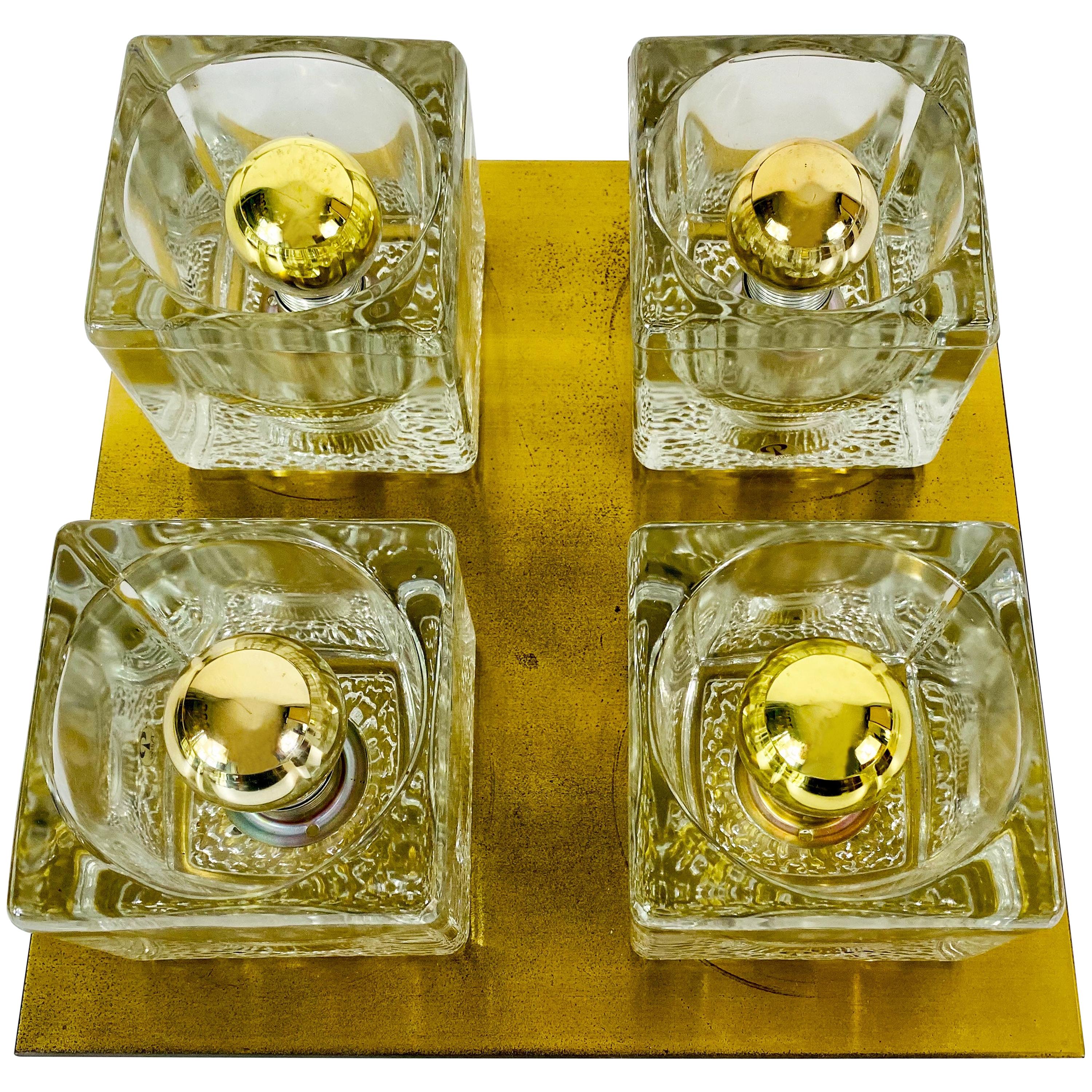 Brass and Frosted Ice Glass Cube Flush Mount by Peill & Putzler, 1970s For Sale