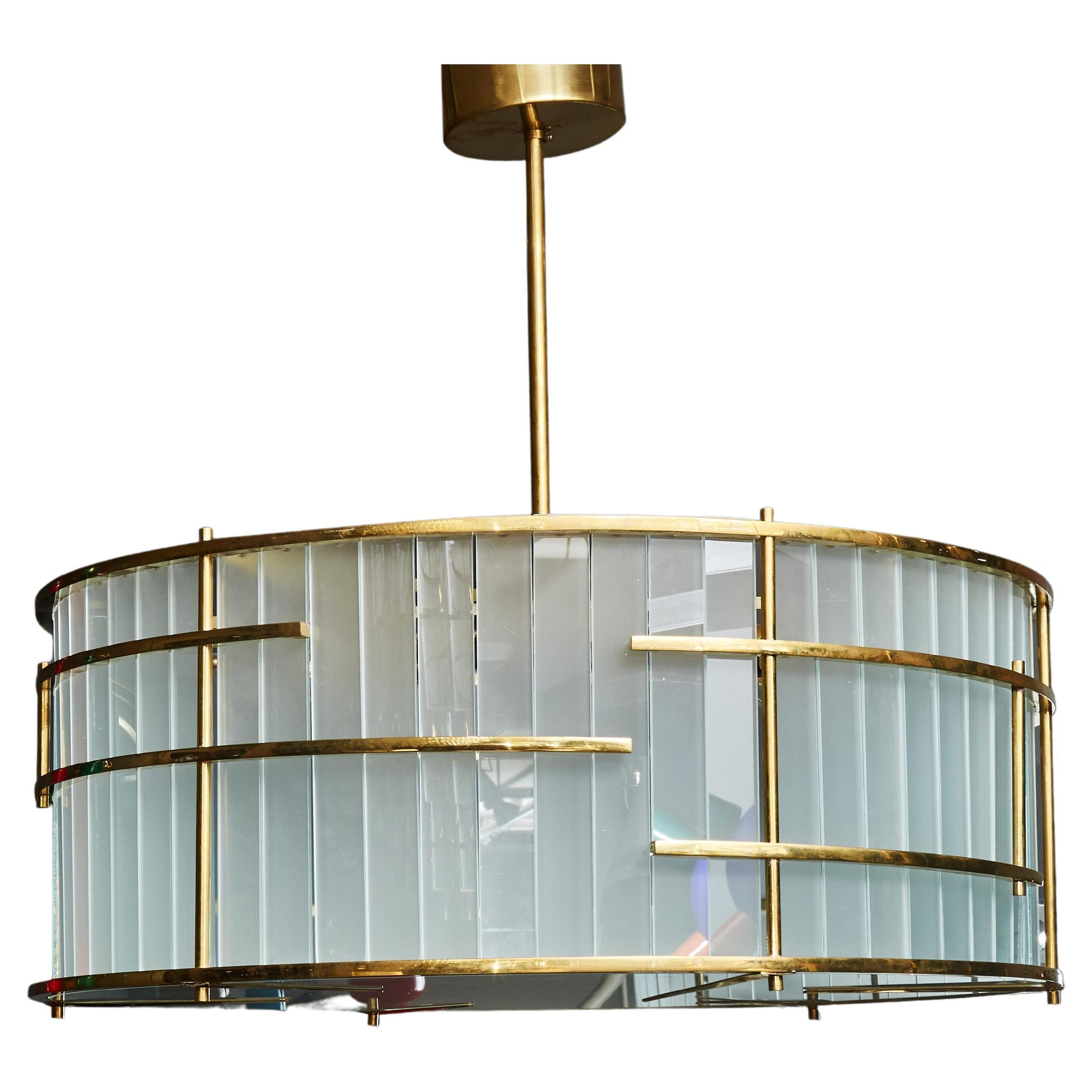 Brass and Frosted Murano Glass Round Chandelier For Sale