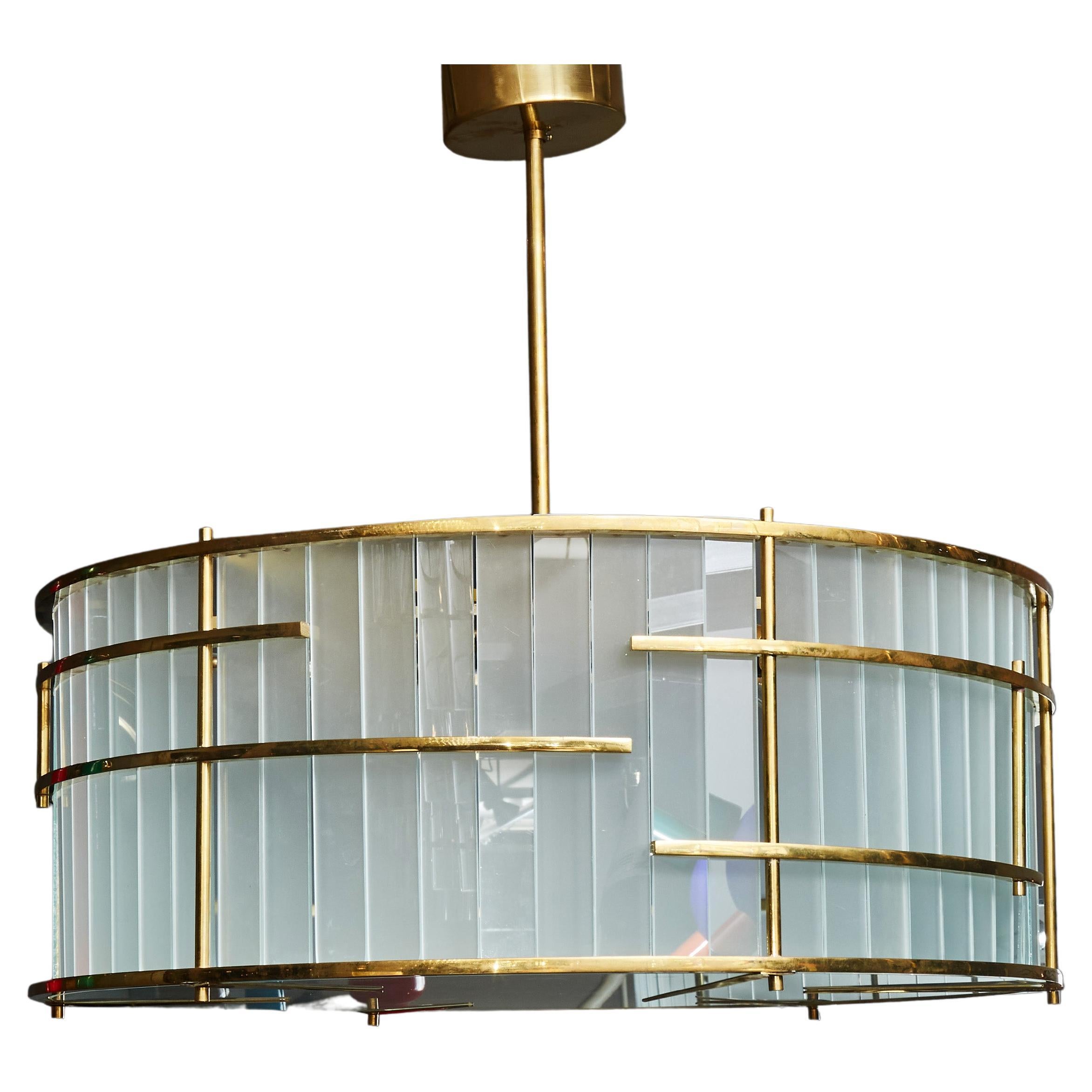 Lampadario rotondo in ottone e vetro di Murano smerigliato