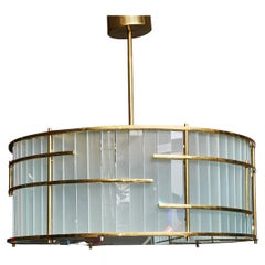 Brass and Frosted Murano Glass Round Chandelier