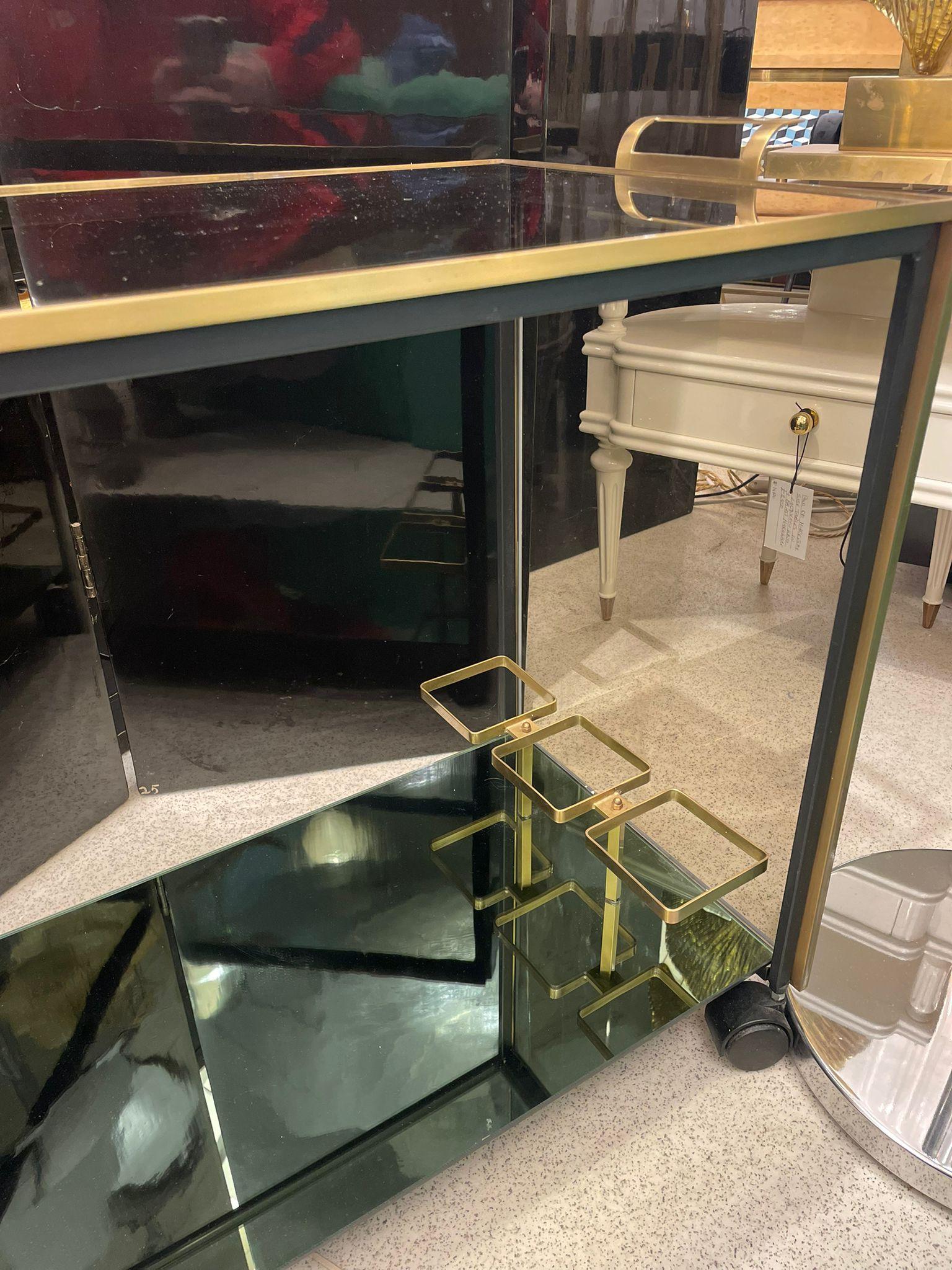Italian Brass and Fumè Glass Bar Cart, Italy 1960s For Sale