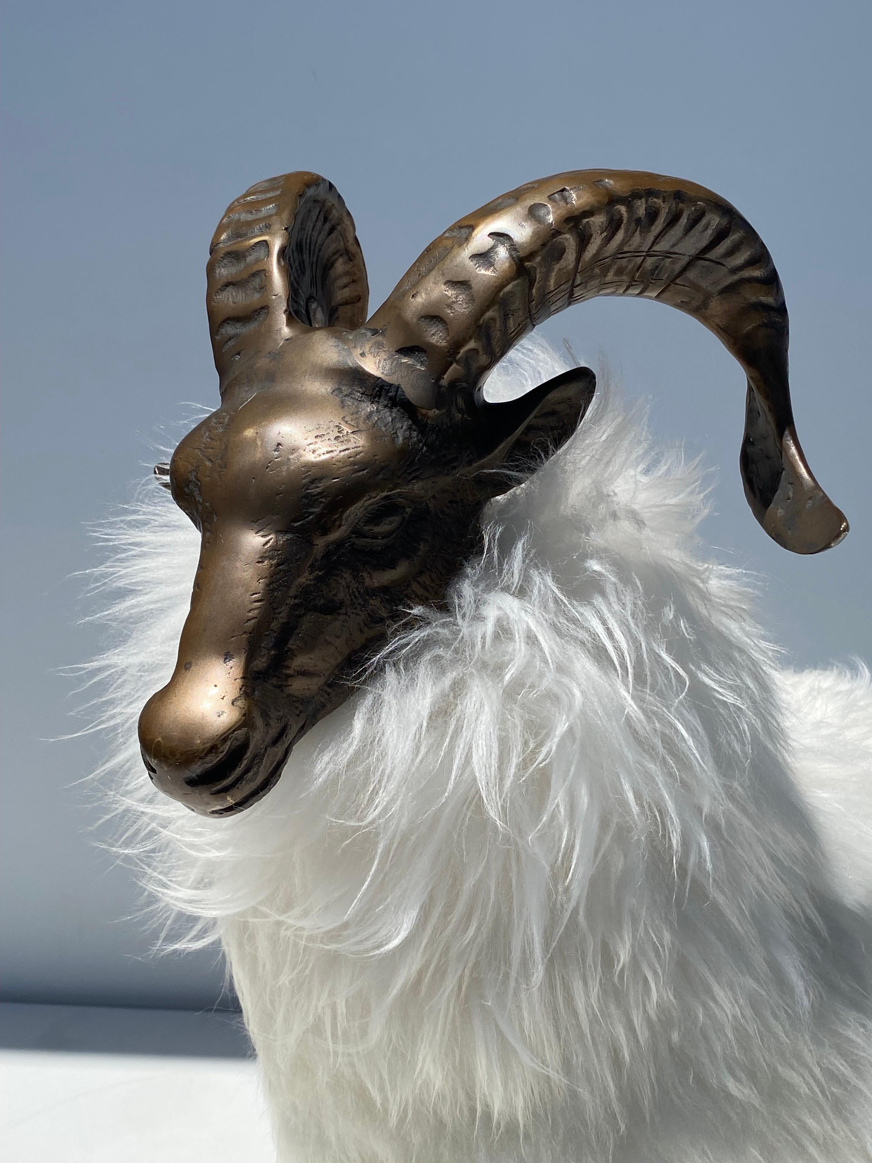  Ram / Sheep Sculpture in patinated Brass and Fur For Sale 1