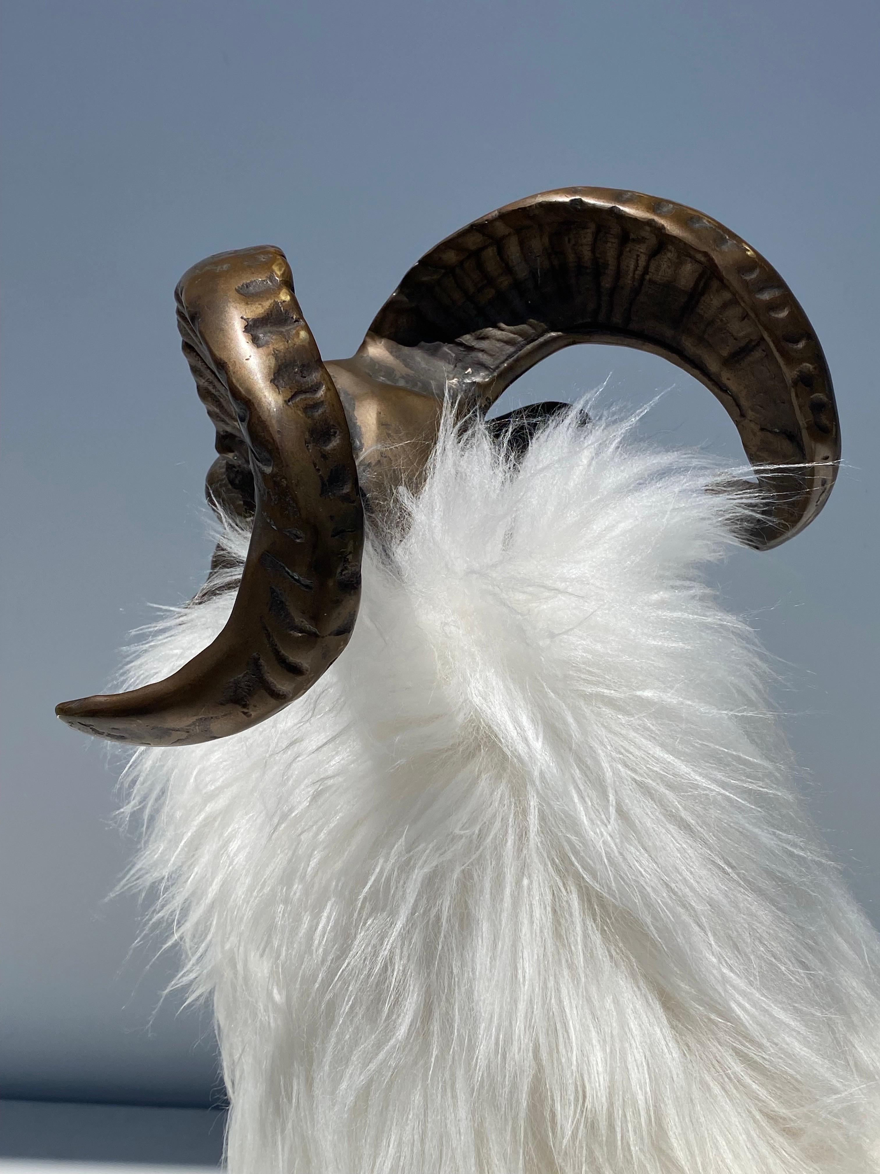  Ram / Sheep Sculpture in patinated Brass and Fur For Sale 2