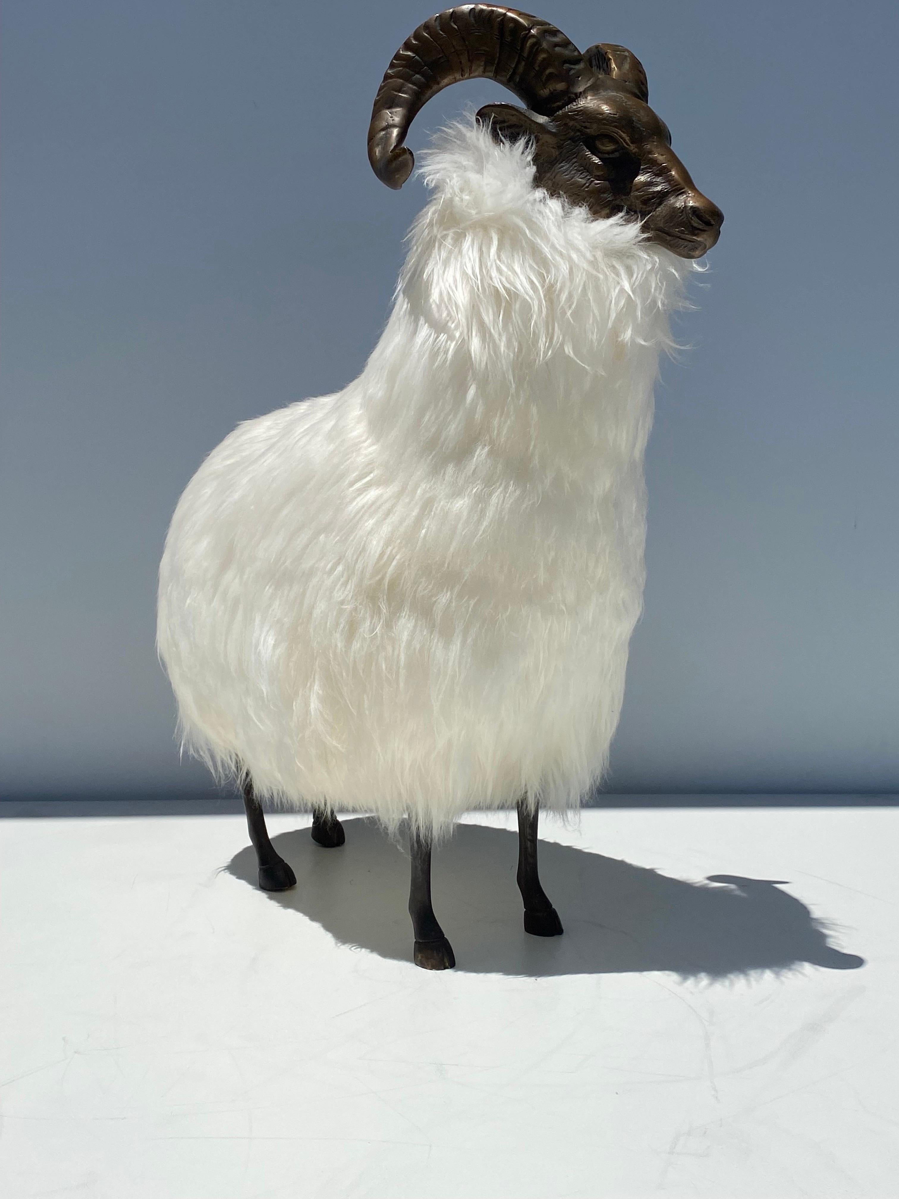 Patinated brass and real sheep fur ram / sheep sculpture .