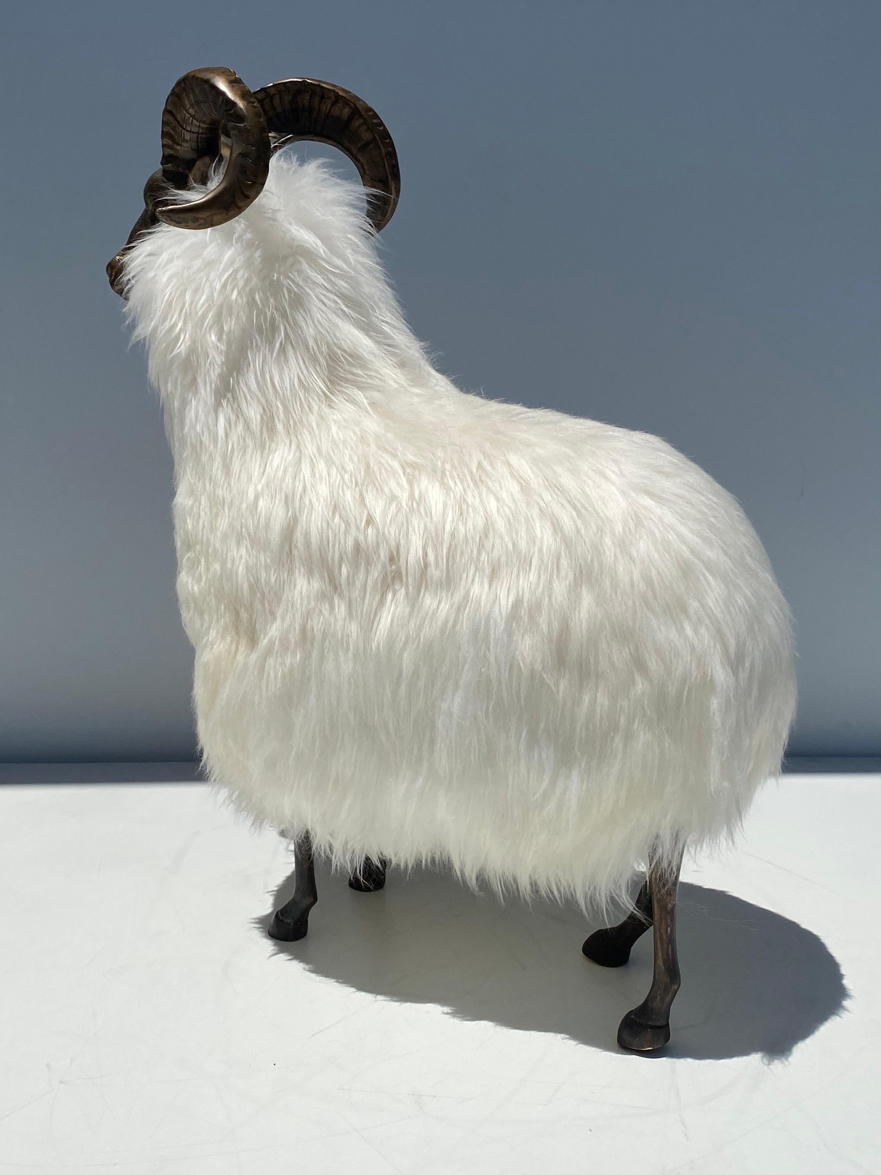 Hollywood Regency  Ram / Sheep Sculpture in patinated Brass and Fur For Sale