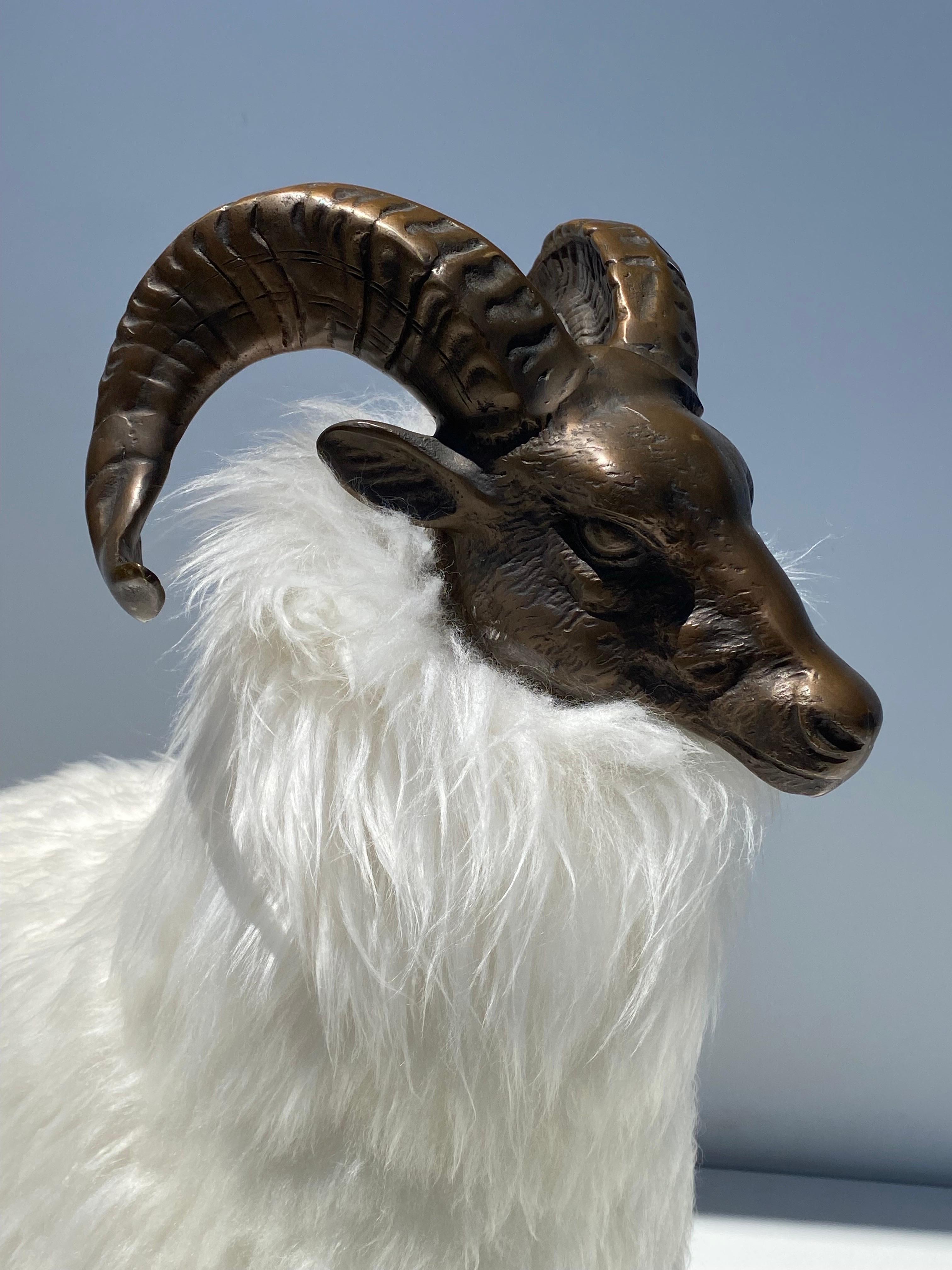  Ram / Sheep Sculpture in patinated Brass and Fur In Good Condition For Sale In North Hollywood, CA