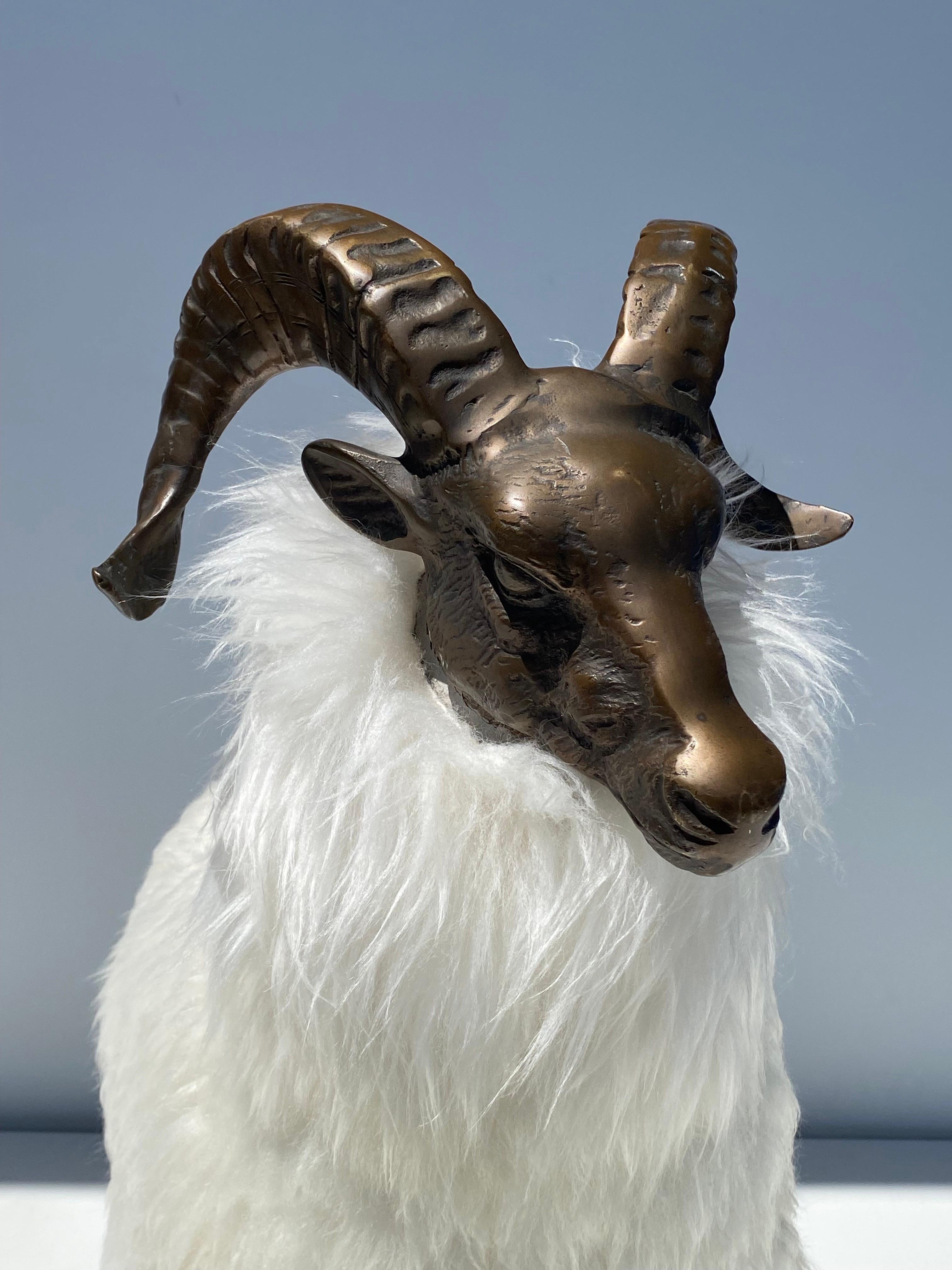 Late 20th Century  Ram / Sheep Sculpture in patinated Brass and Fur For Sale