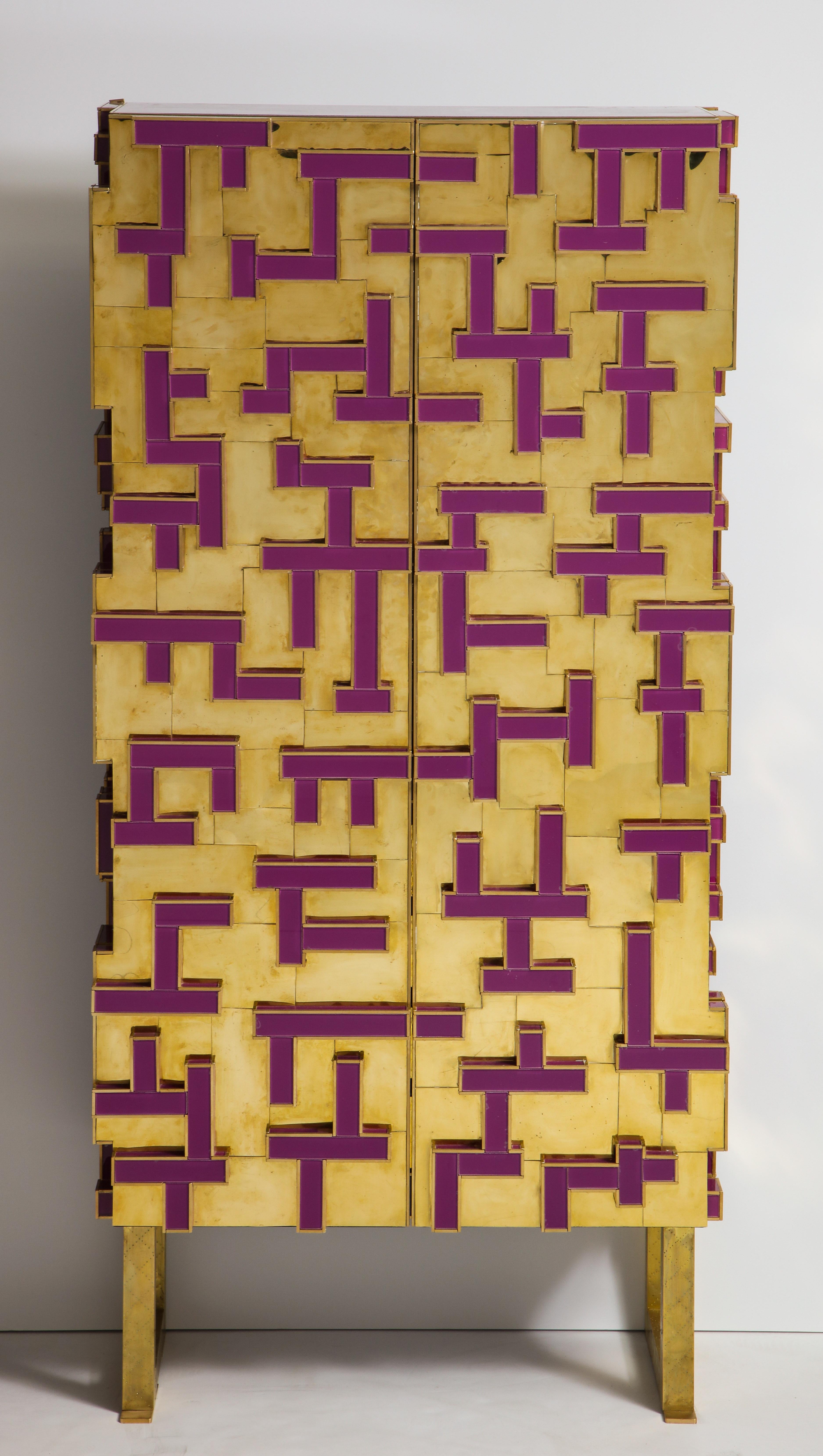 Hand-Crafted Brass and Geometric Purple Glass Contemporary Cabinet, Spain, 2018