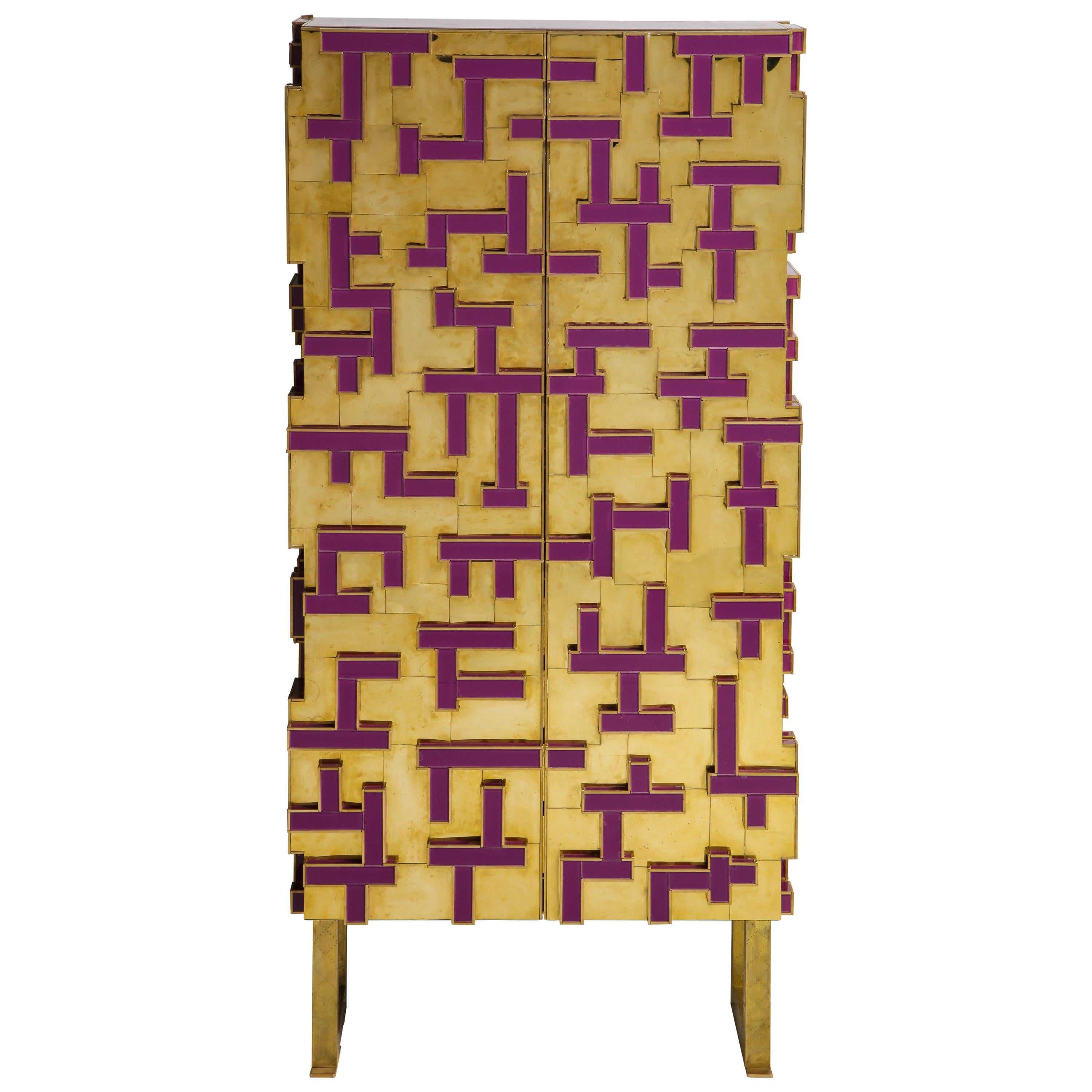 Brass and Geometric Purple Glass Contemporary Cabinet, Spain, 2018