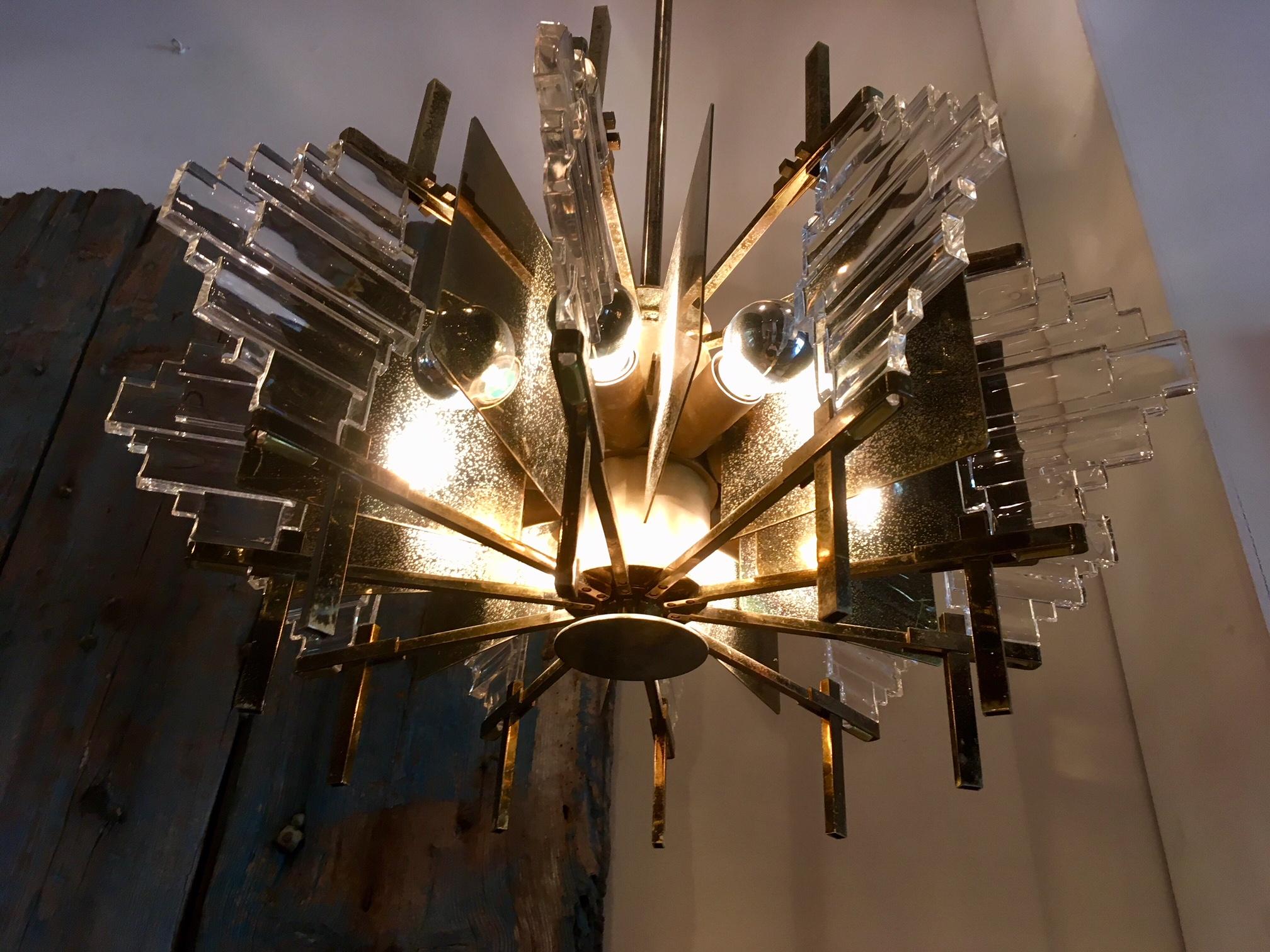 Brass and Glass 1970s Design Chandelier In Good Condition In Baambrugge, NL