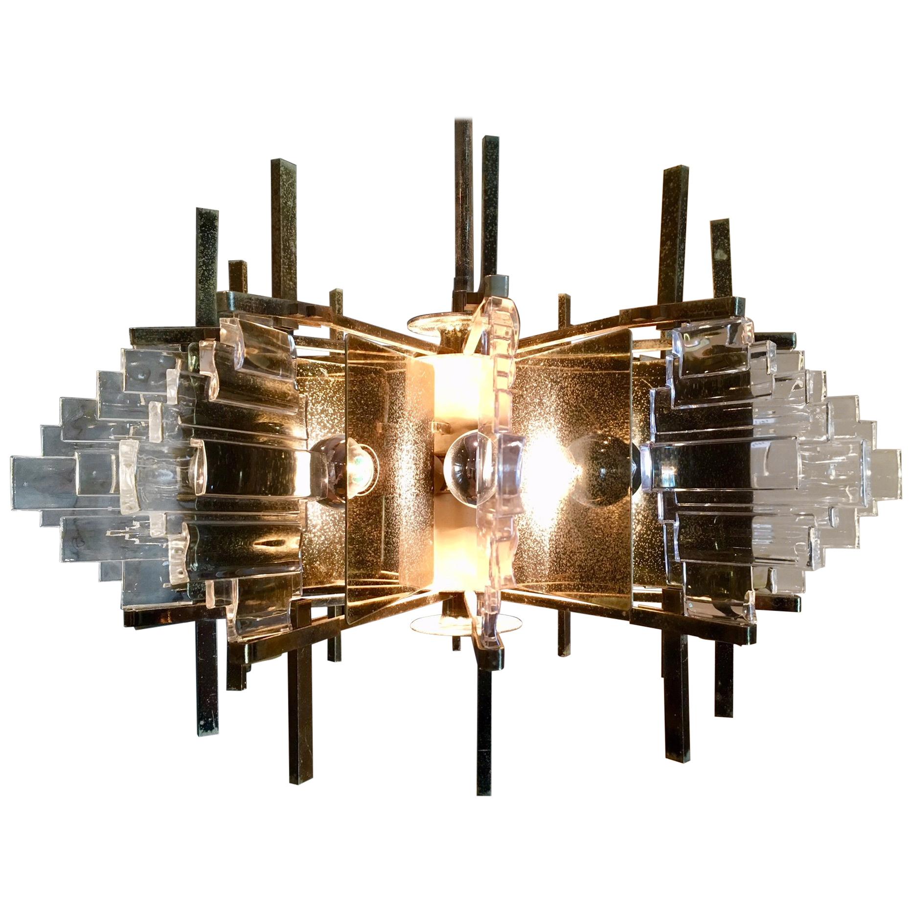 Brass and Glass 1970s Design Chandelier