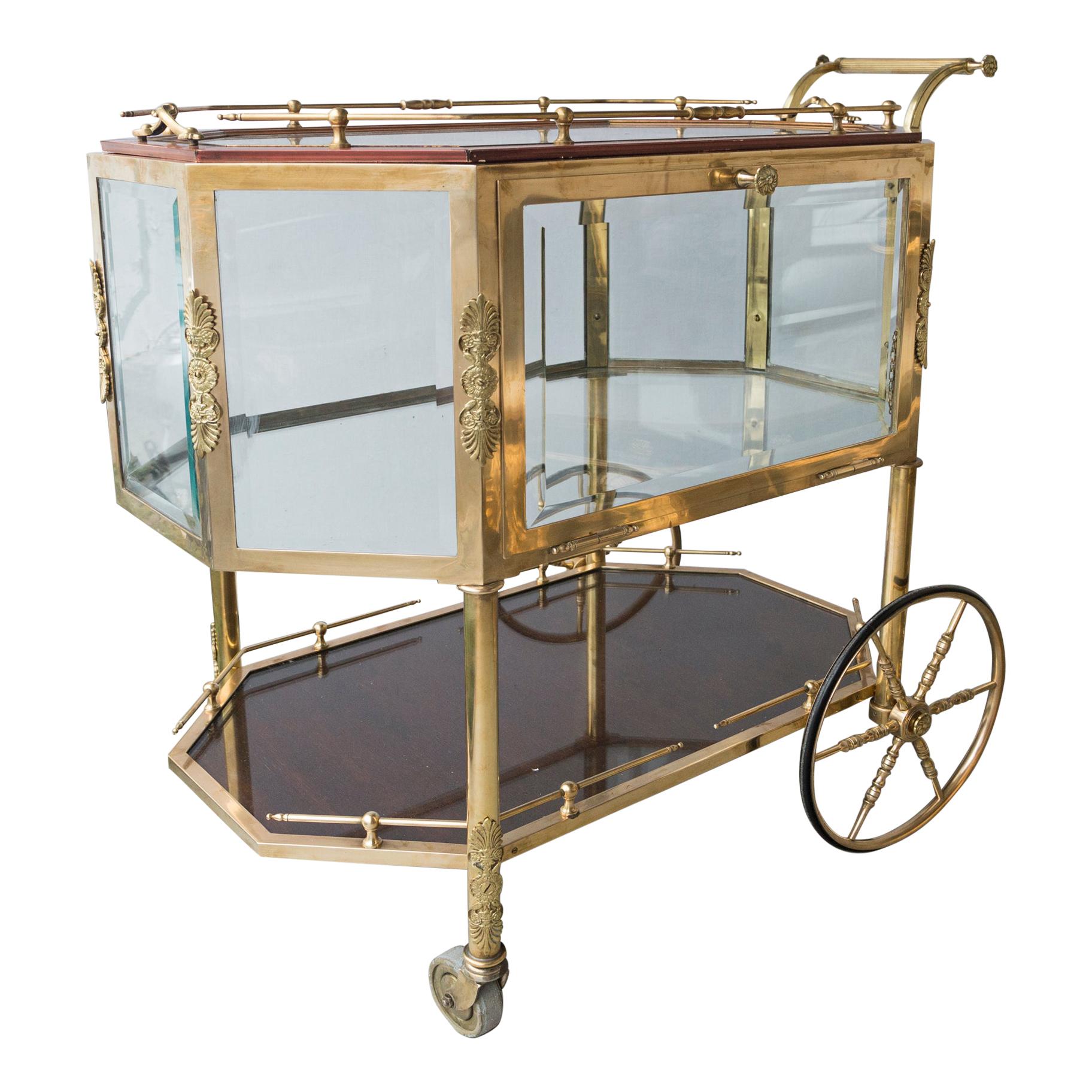 Brass and Glass 3 Tier Rolling Bar or Tea Cart