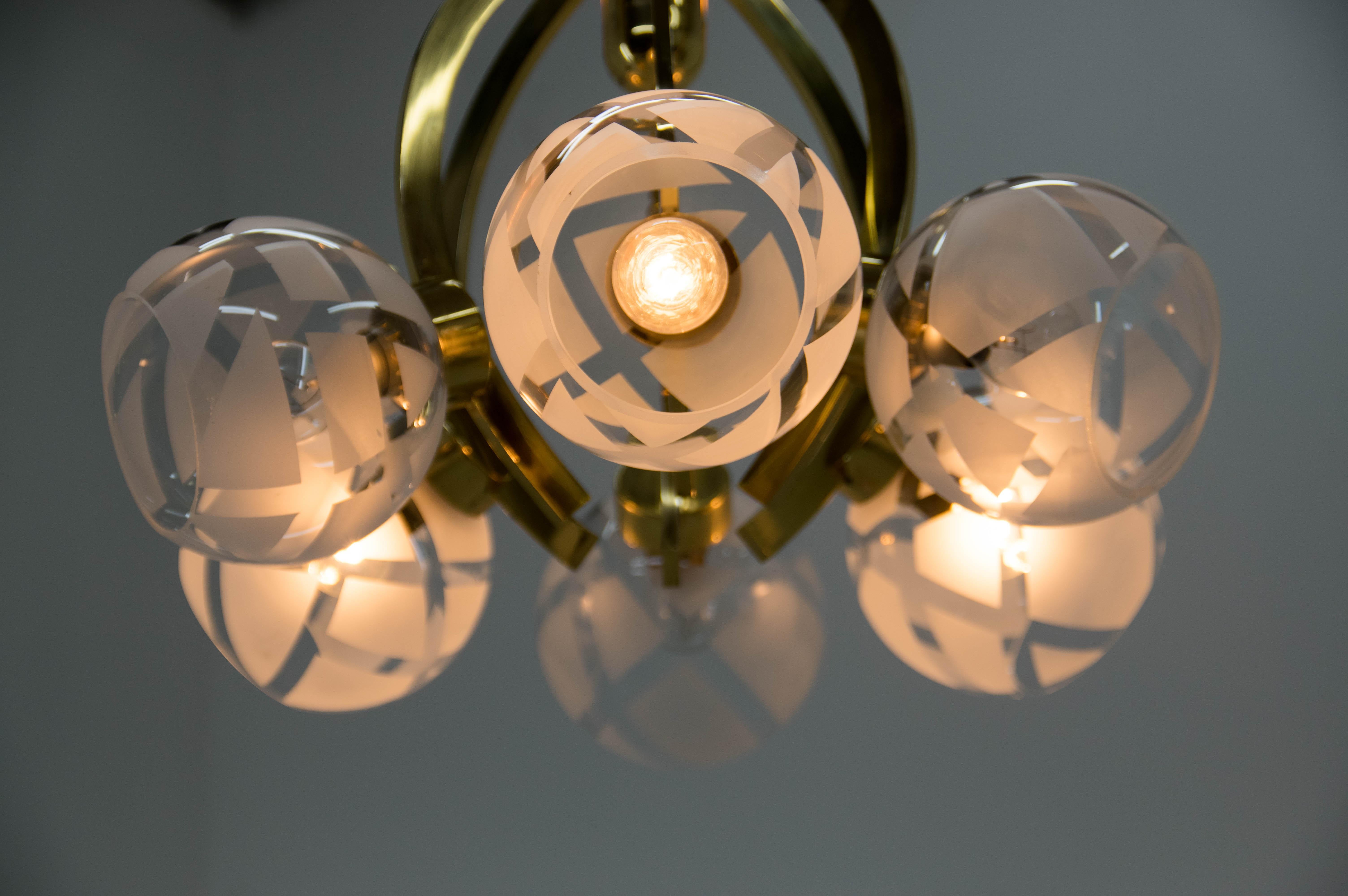 Brass and Glass 6-flamming Chandelier, 1980s For Sale 3