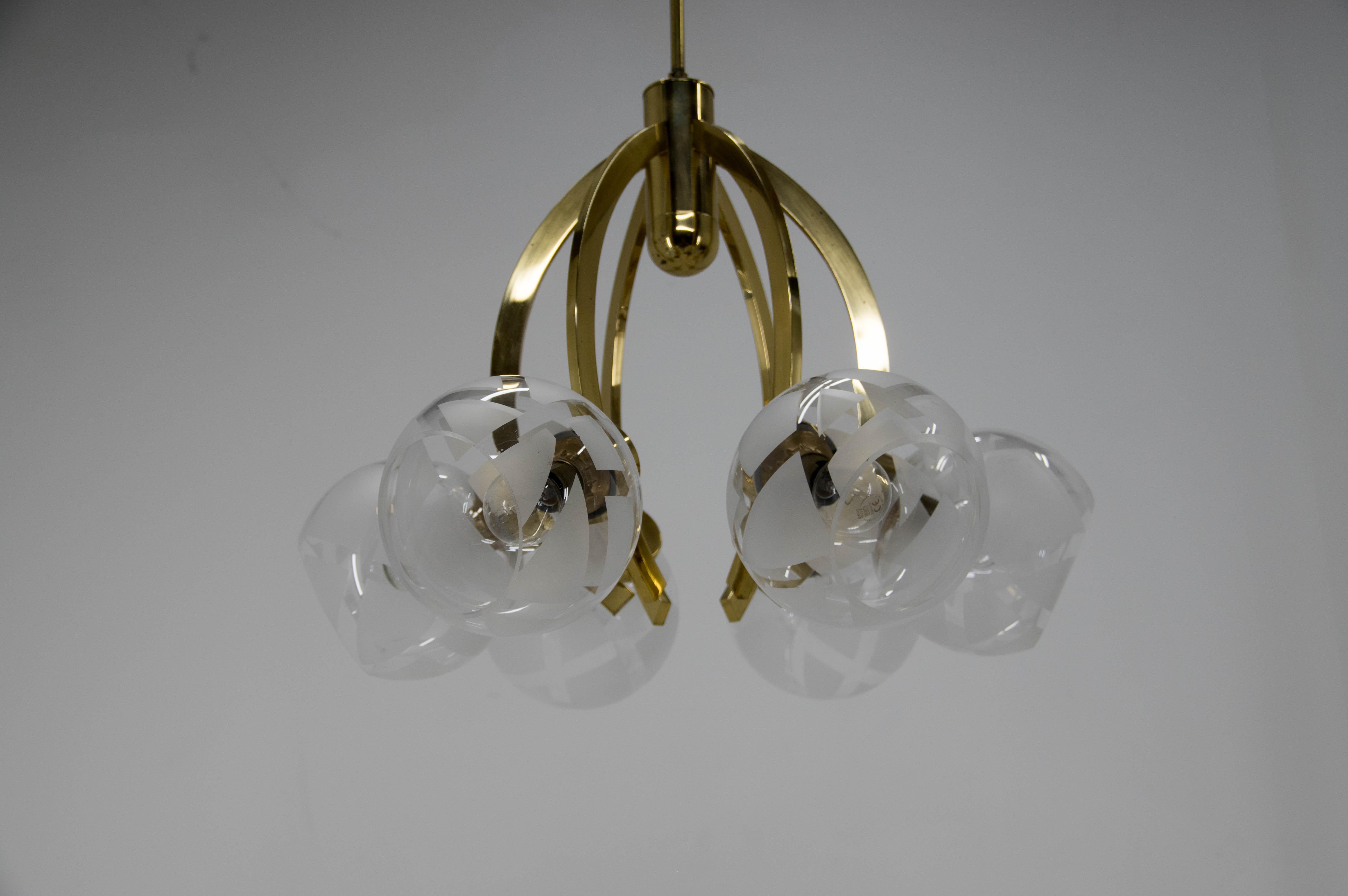 Czech Brass and Glass 6-flamming Chandelier, 1980s For Sale