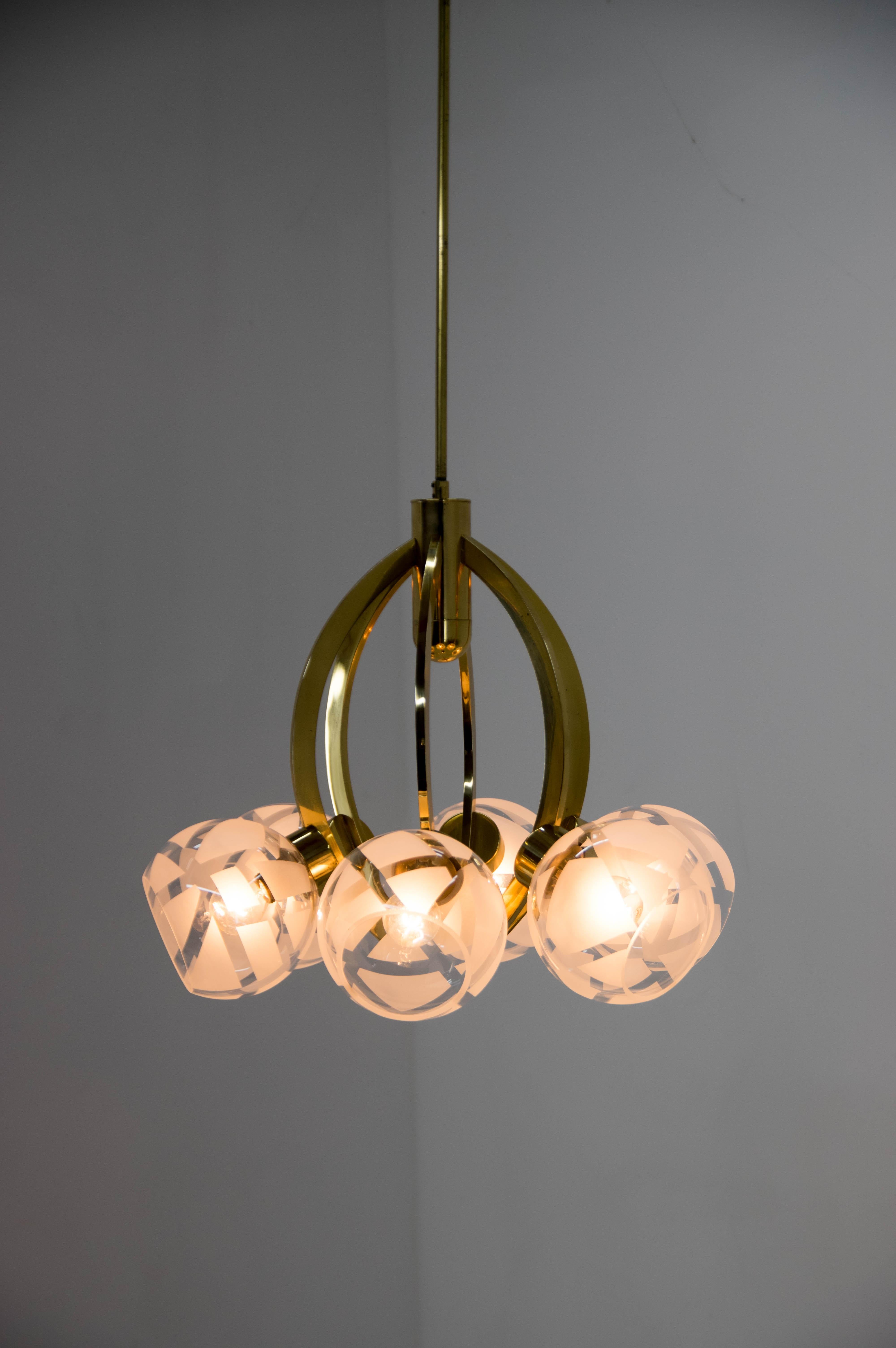 Brass and Glass 6-flamming Chandelier, 1980s For Sale 1