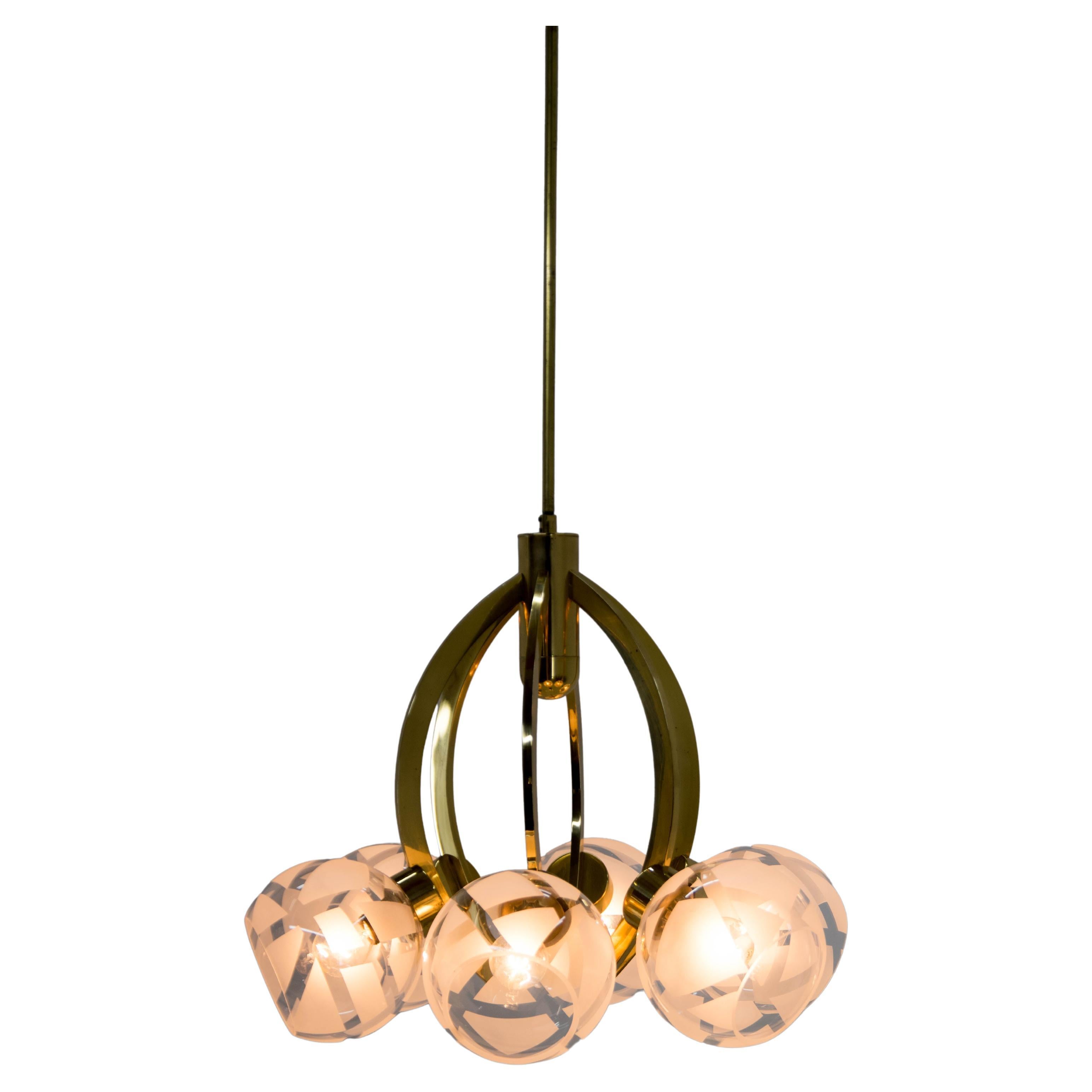 Lampadario a 6 fiamme in ottone e vetro, anni '80