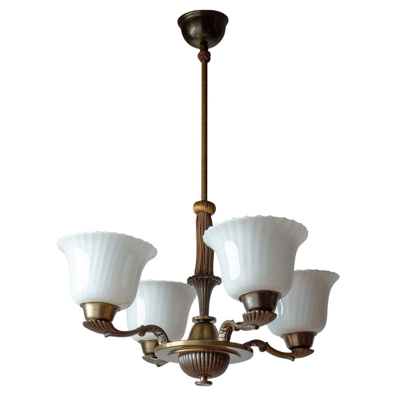 Brass and Glass Art Deco Chandelier, 1930s For Sale