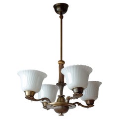 Brass and Glass Art Deco Chandelier, 1930s